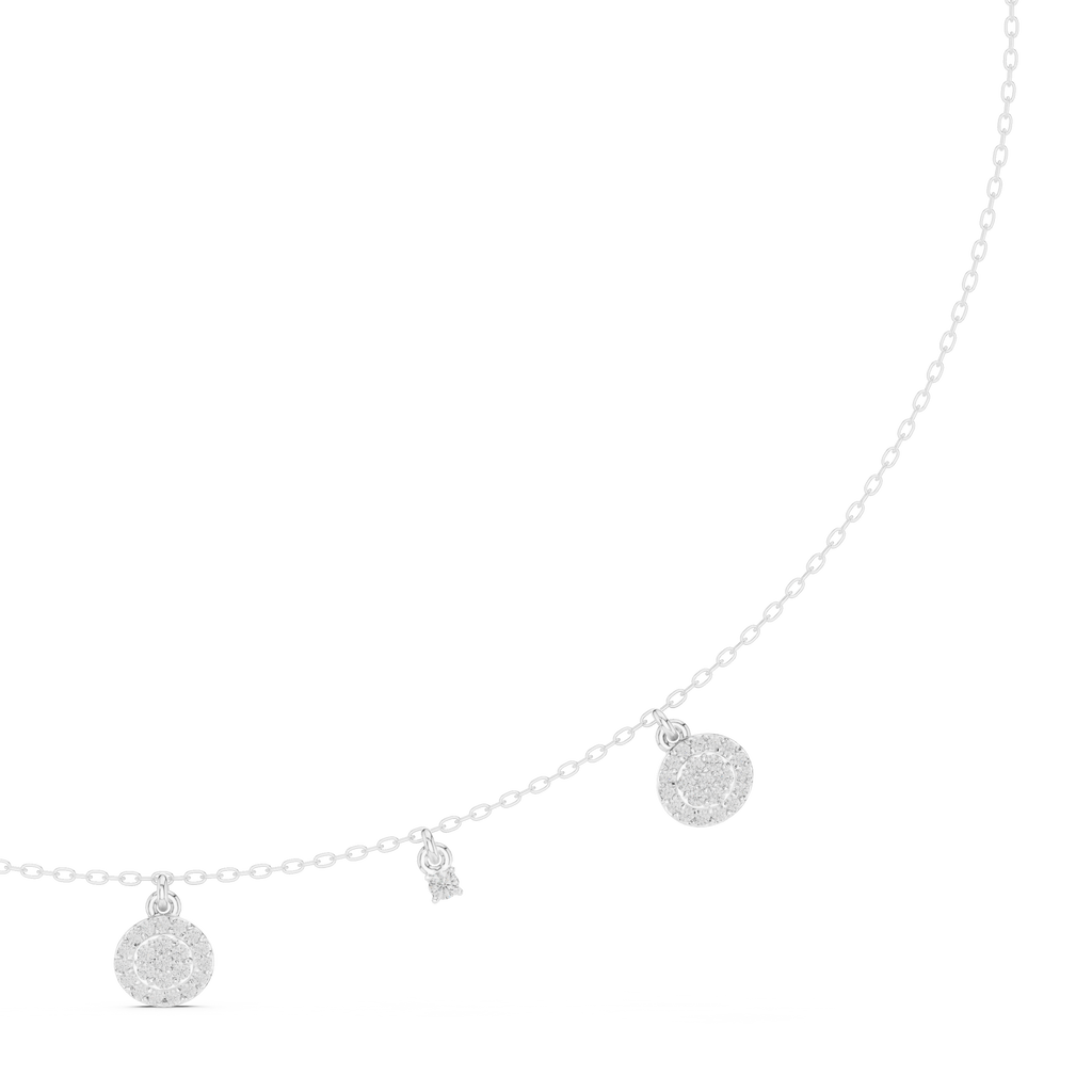 White gold diamond drop charm necklace with round pavé discs and small dangle accents