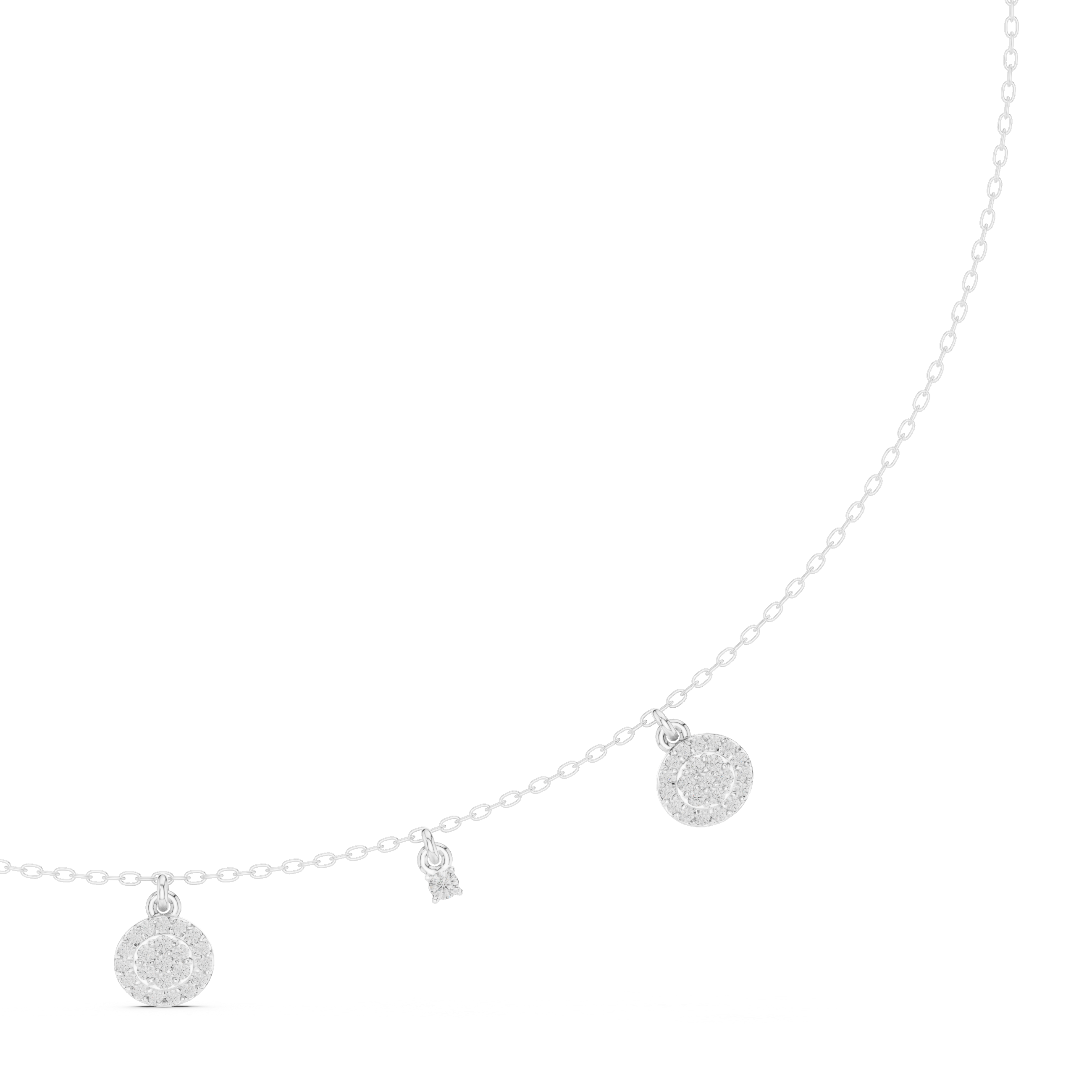 White gold diamond drop charm necklace with round pavé discs and small dangle accents