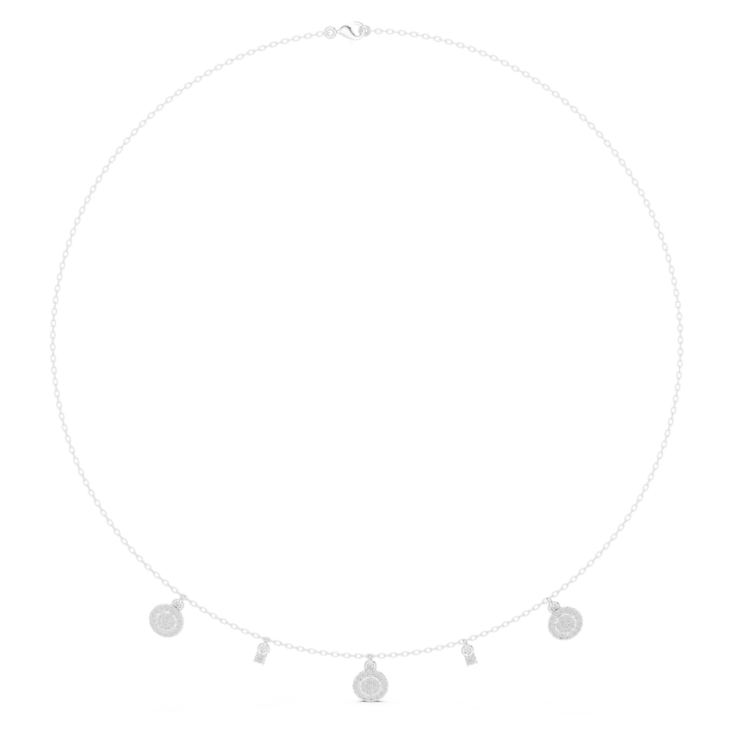White gold diamond drop charm necklace, front view with round pavé discs and small side stones