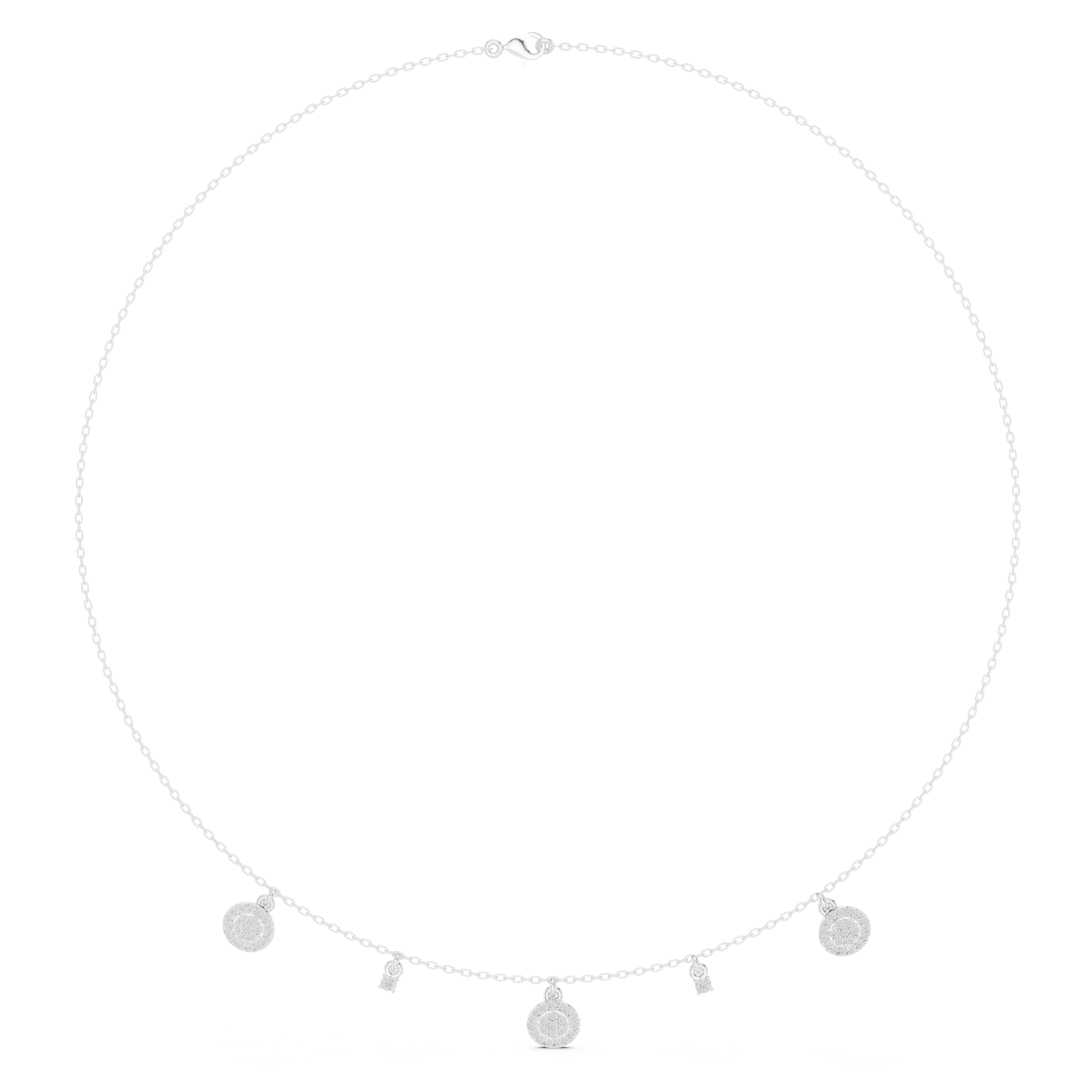 White gold diamond drop charm necklace, front view with round pavé discs and small side stones