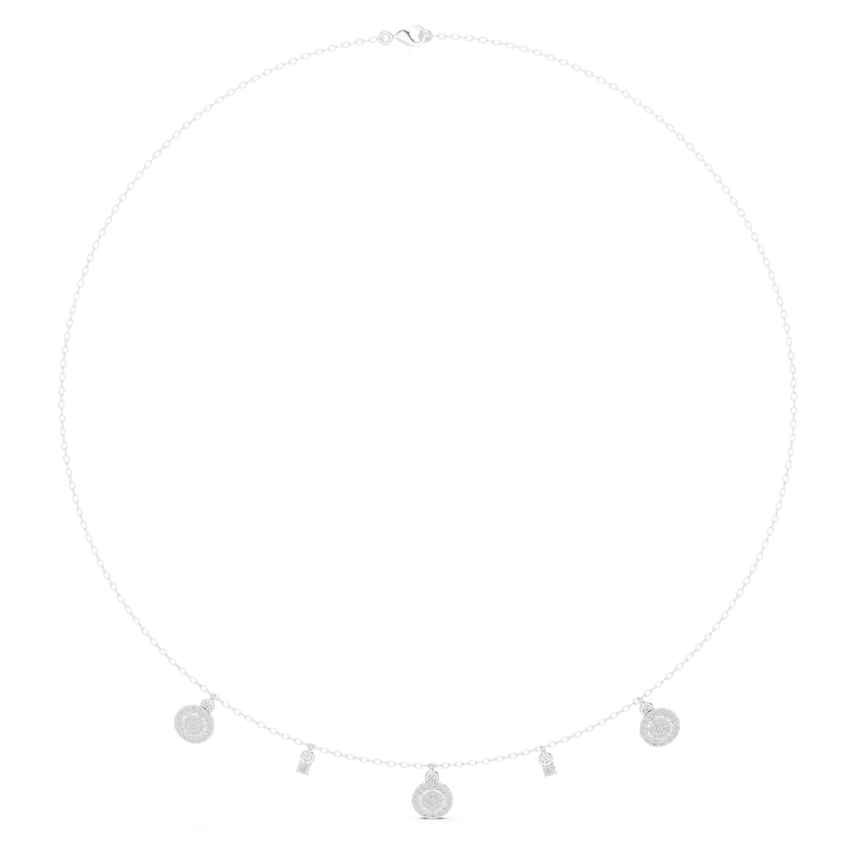 White gold diamond drop charm necklace with round charm stations along the chain