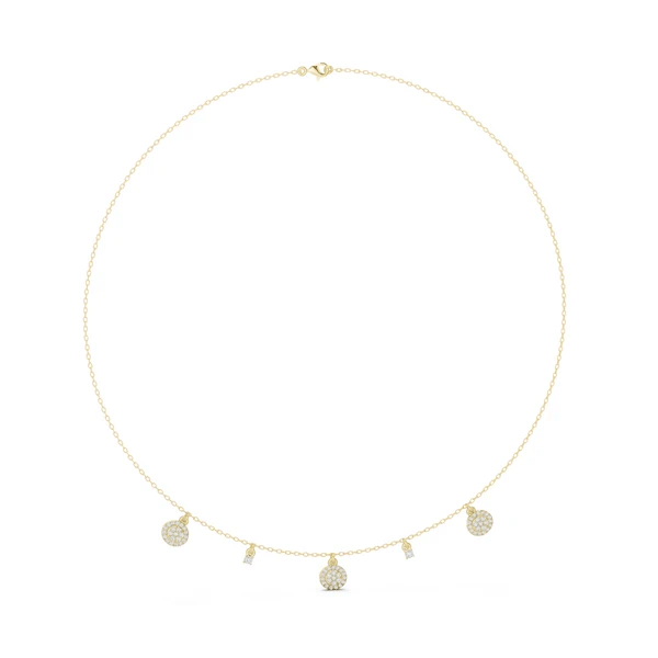 Yellow gold round diamond drop charm necklace with five circular charms