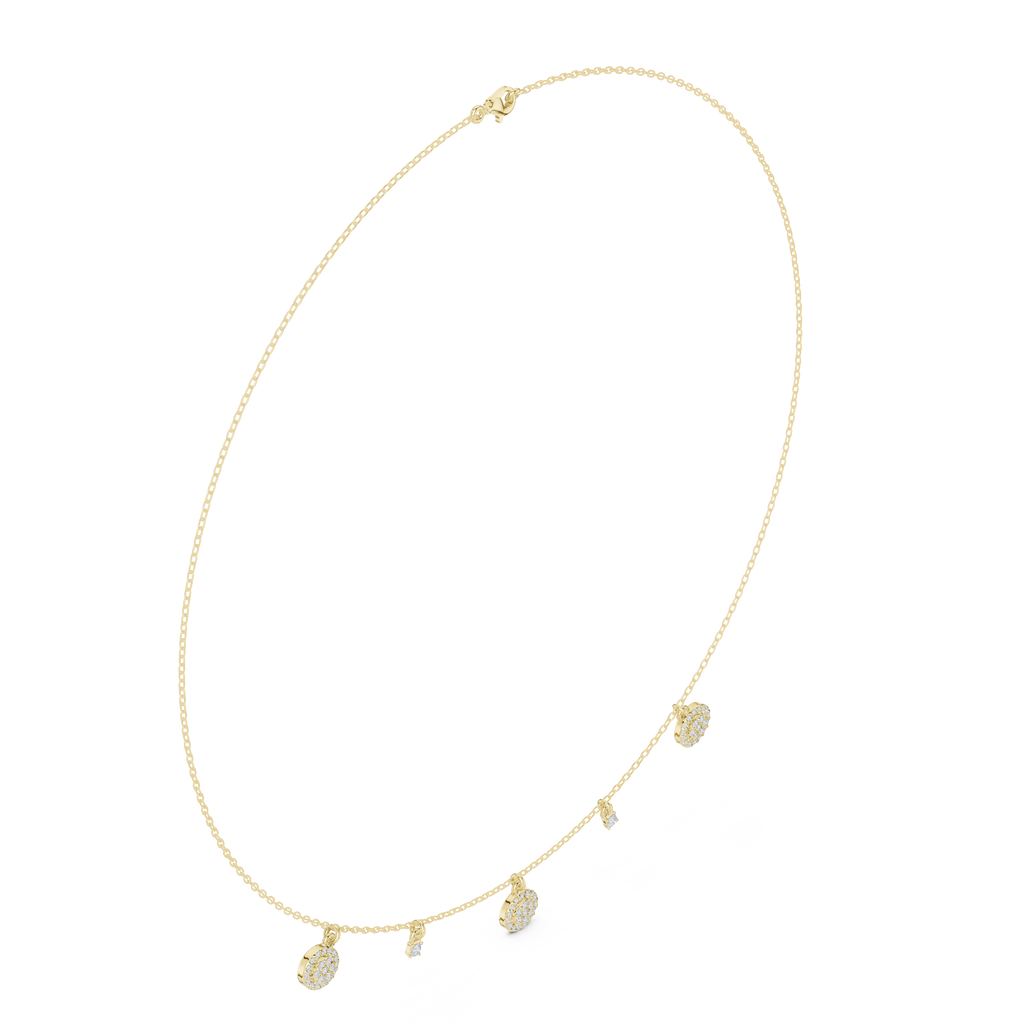 Yellow gold round diamond drop charm necklace close-up of clasp and charms