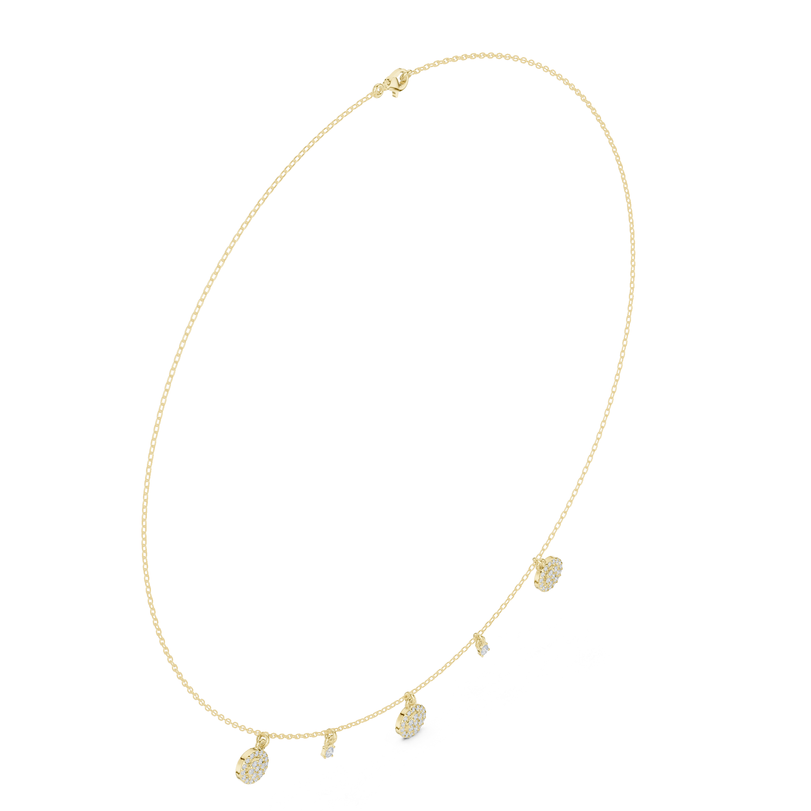 Yellow gold round diamond drop charm necklace close-up of clasp and charms