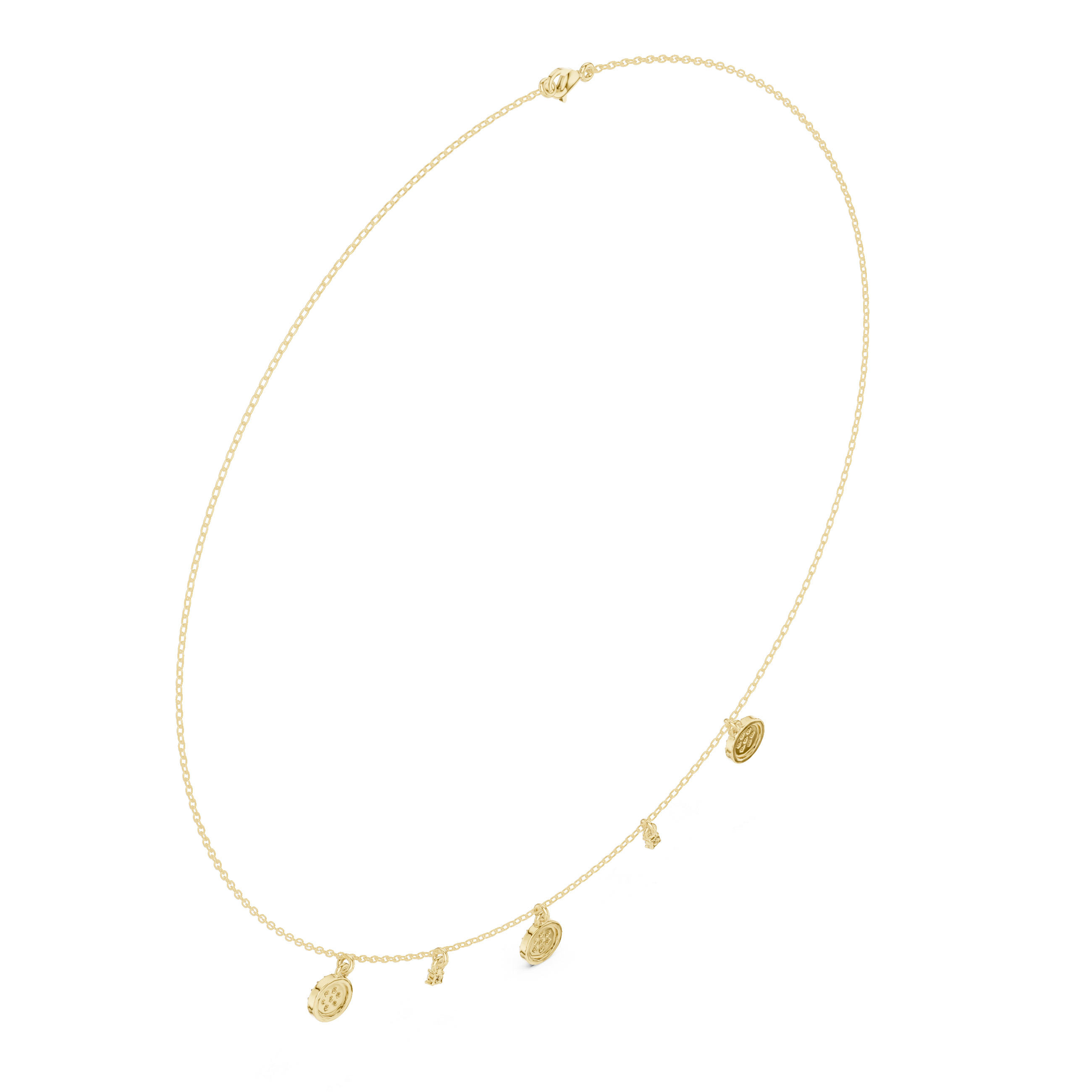 Yellow gold diamond drop charm necklace, oval view with round pavé disc and side sparkle