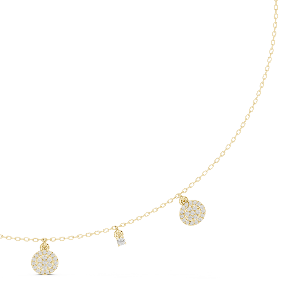 Yellow gold diamond drop charm necklace with round pavé discs and small dangle accents