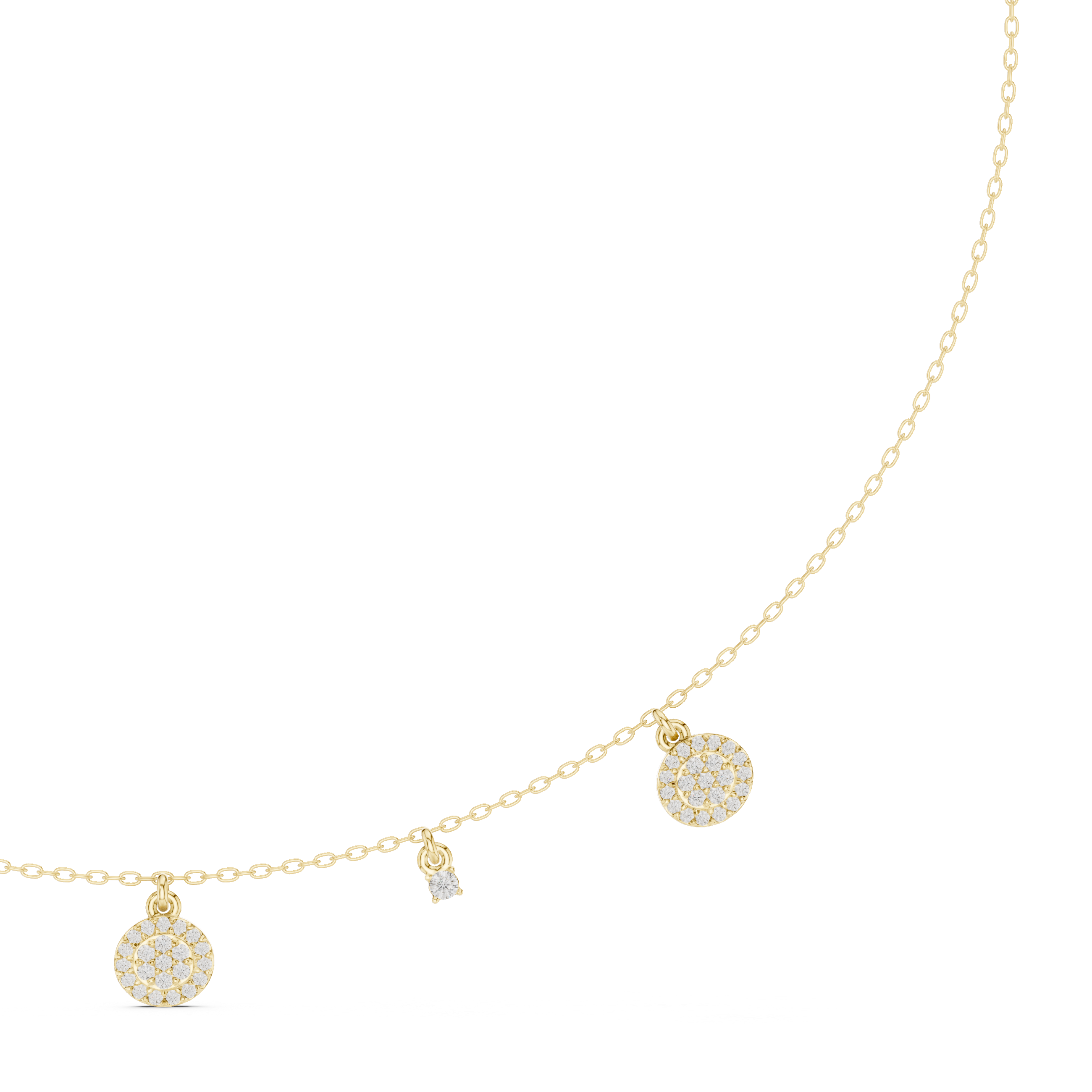 Yellow gold diamond drop charm necklace with round pavé discs and small dangle accents