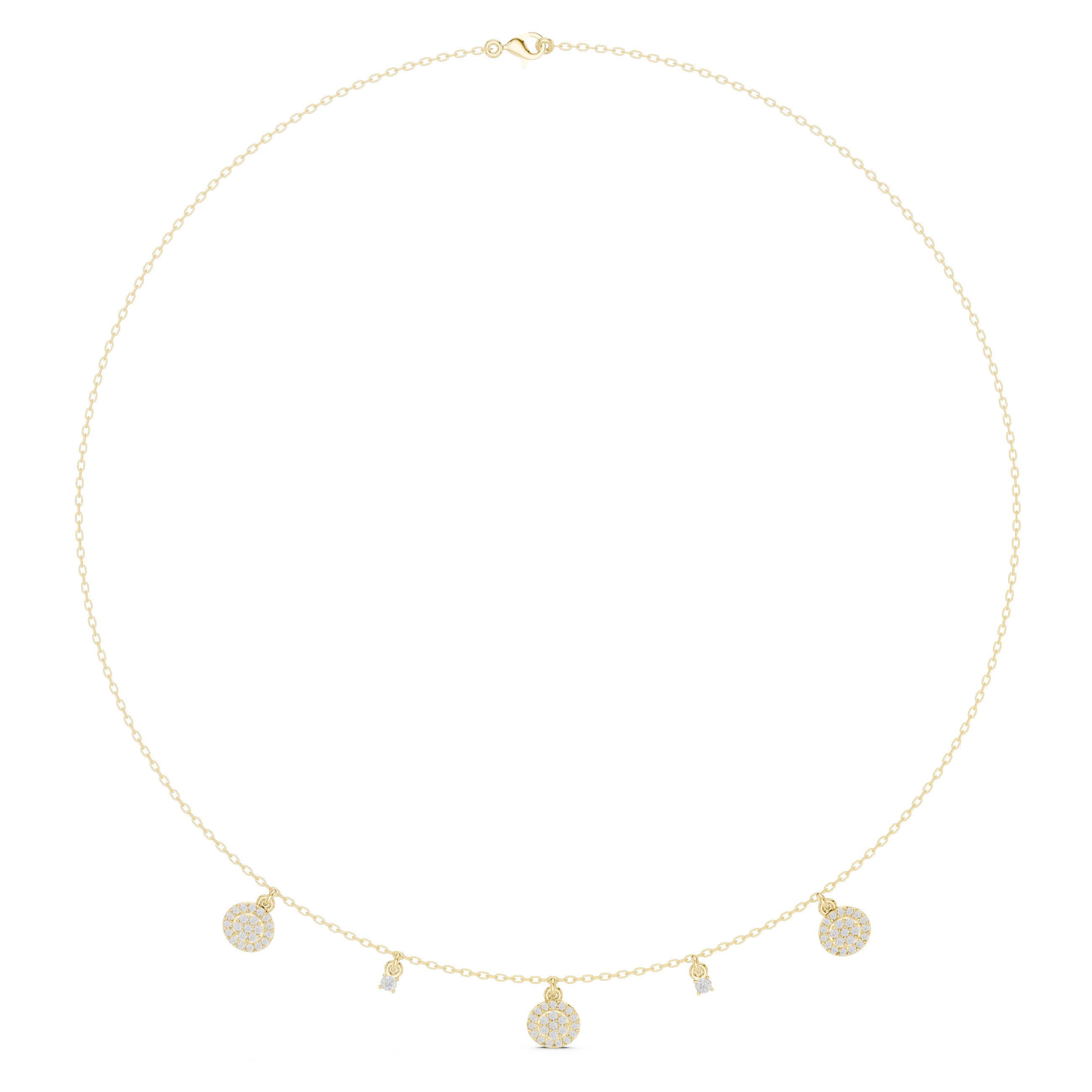 Yellow gold diamond drop charm necklace with round pavé discs and small hanging stones along chain