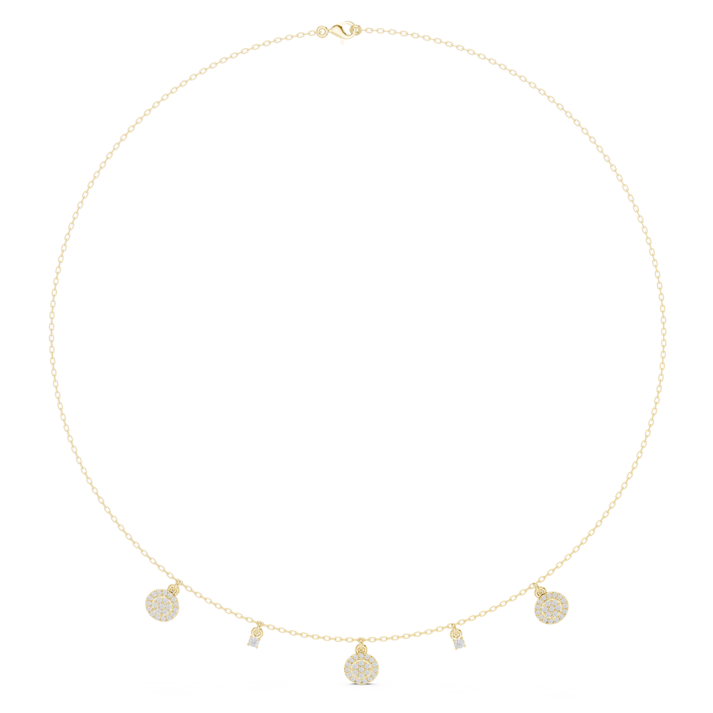 Yellow gold diamond drop charm necklace with round pavé discs and small hanging stones along chain