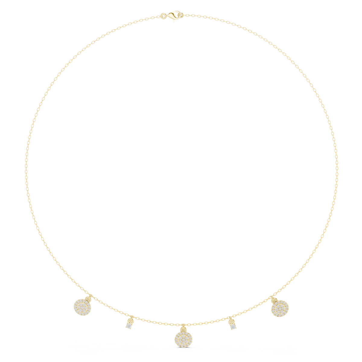 Yellow gold diamond drop charm necklace with round pavé discs and small hanging stones along chain