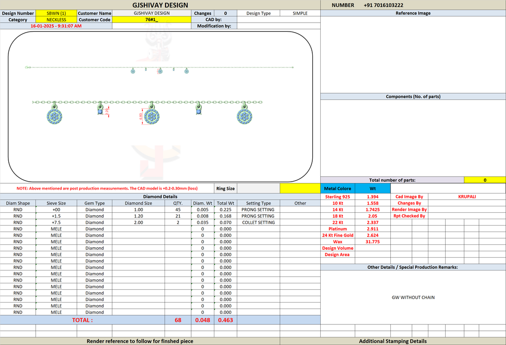 Jewelry design specification sheet for a diamond drop charm necklace