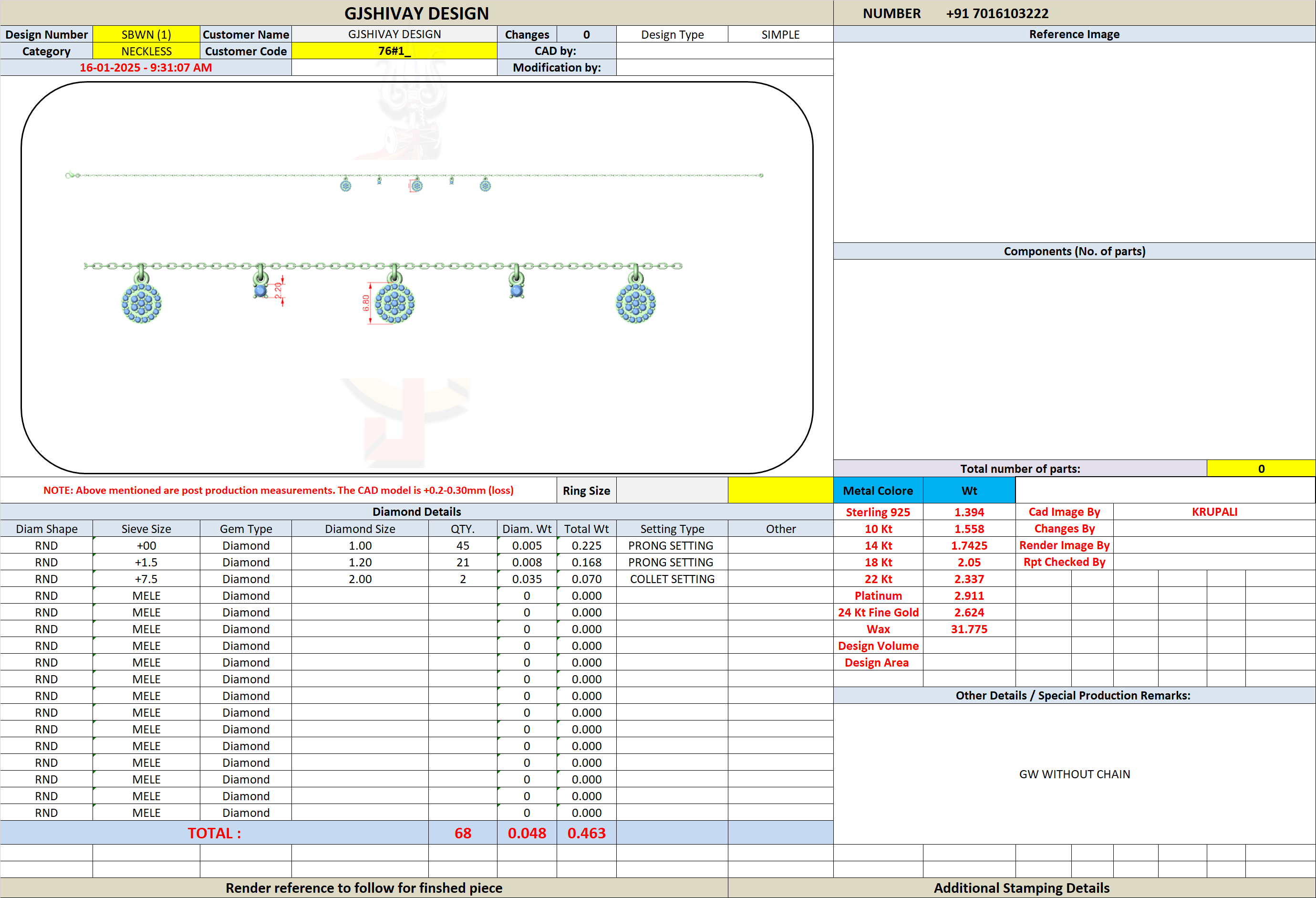 Jewelry design specification sheet for a diamond drop charm necklace