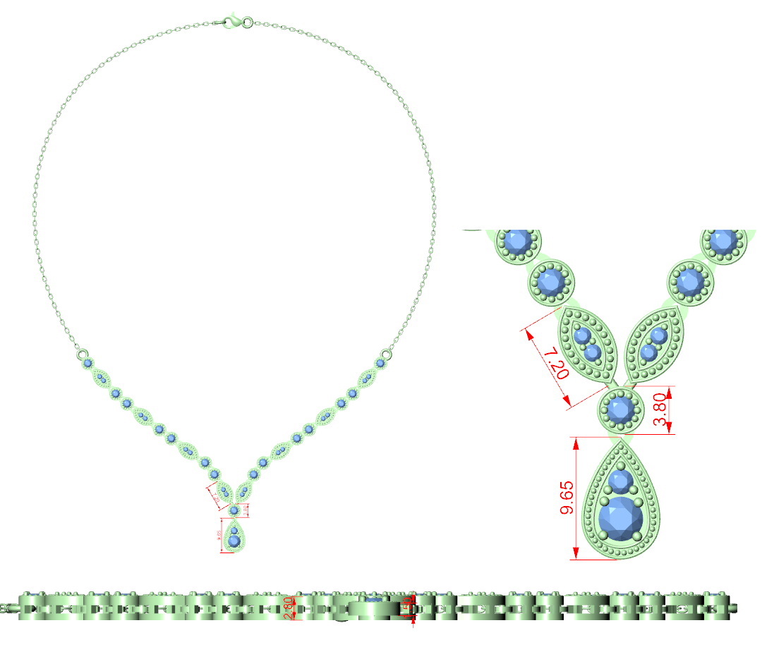 CAD diagram of V-shape round diamond drop necklace with pear-shaped center pendant