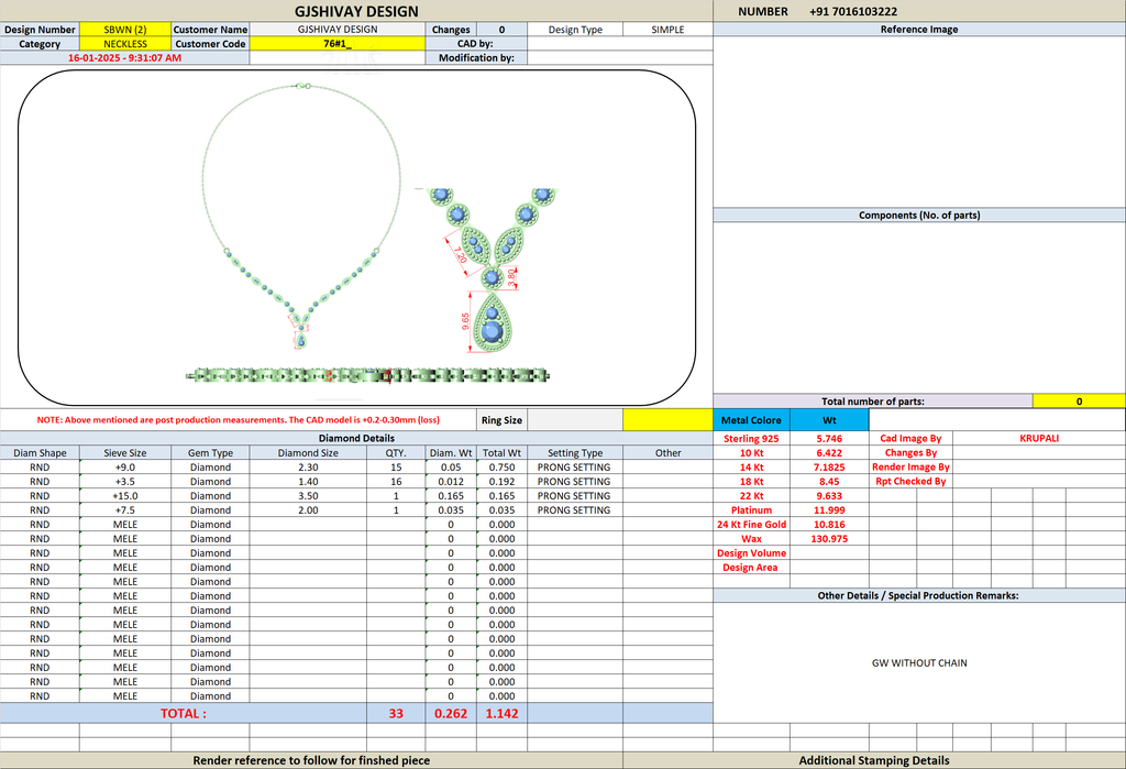 Necklace specification sheet with necklace outline, diamond details, and totals table