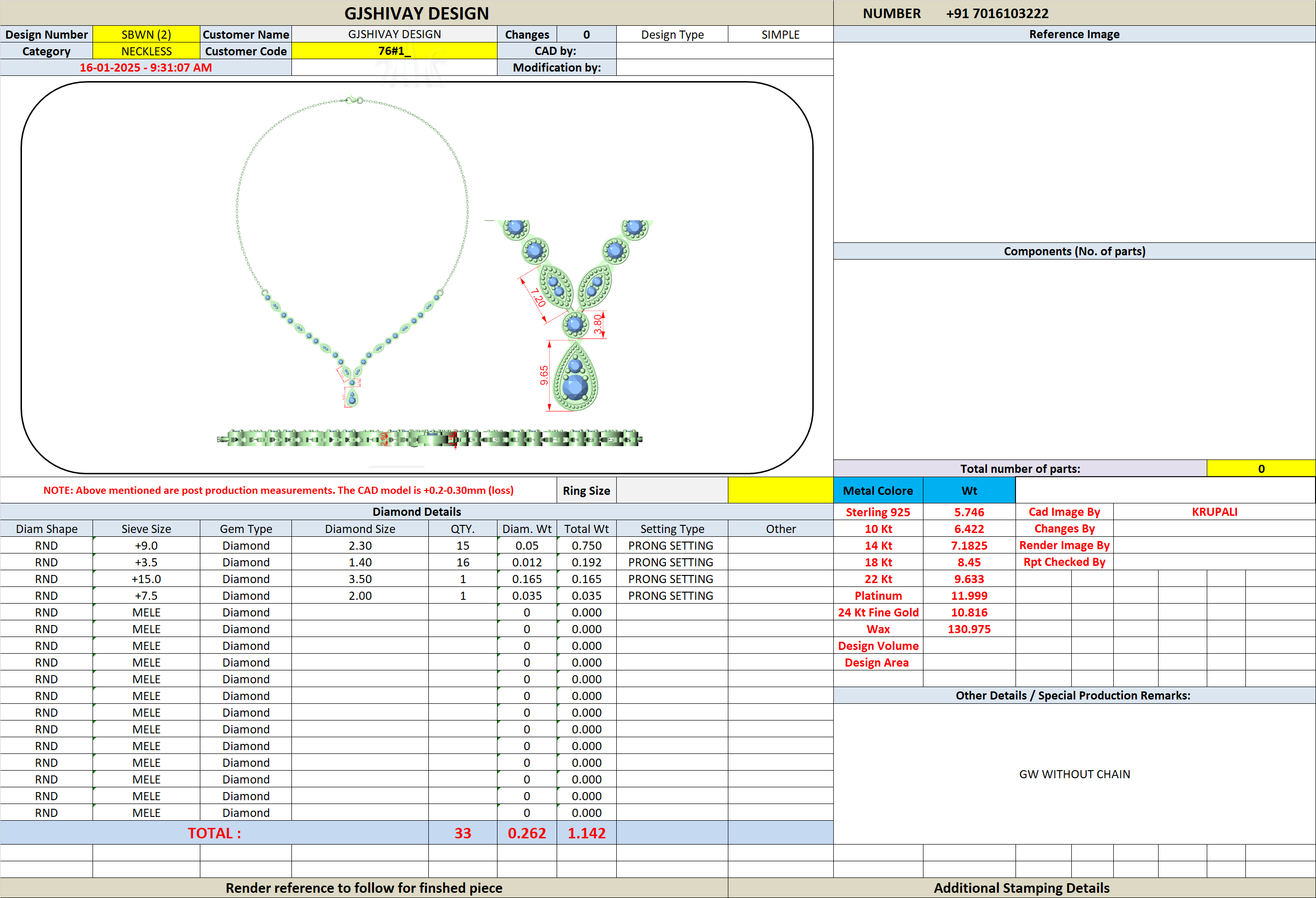 Necklace specification sheet with necklace outline, diamond details, and totals table