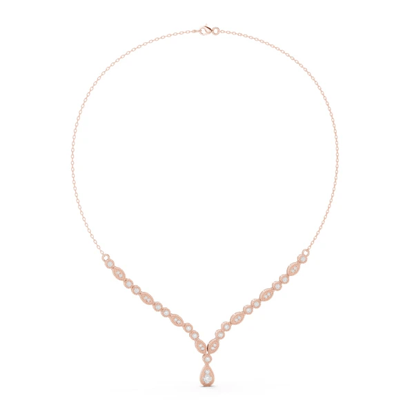 Rose gold V-shape diamond drop necklace with round stones and teardrop center
