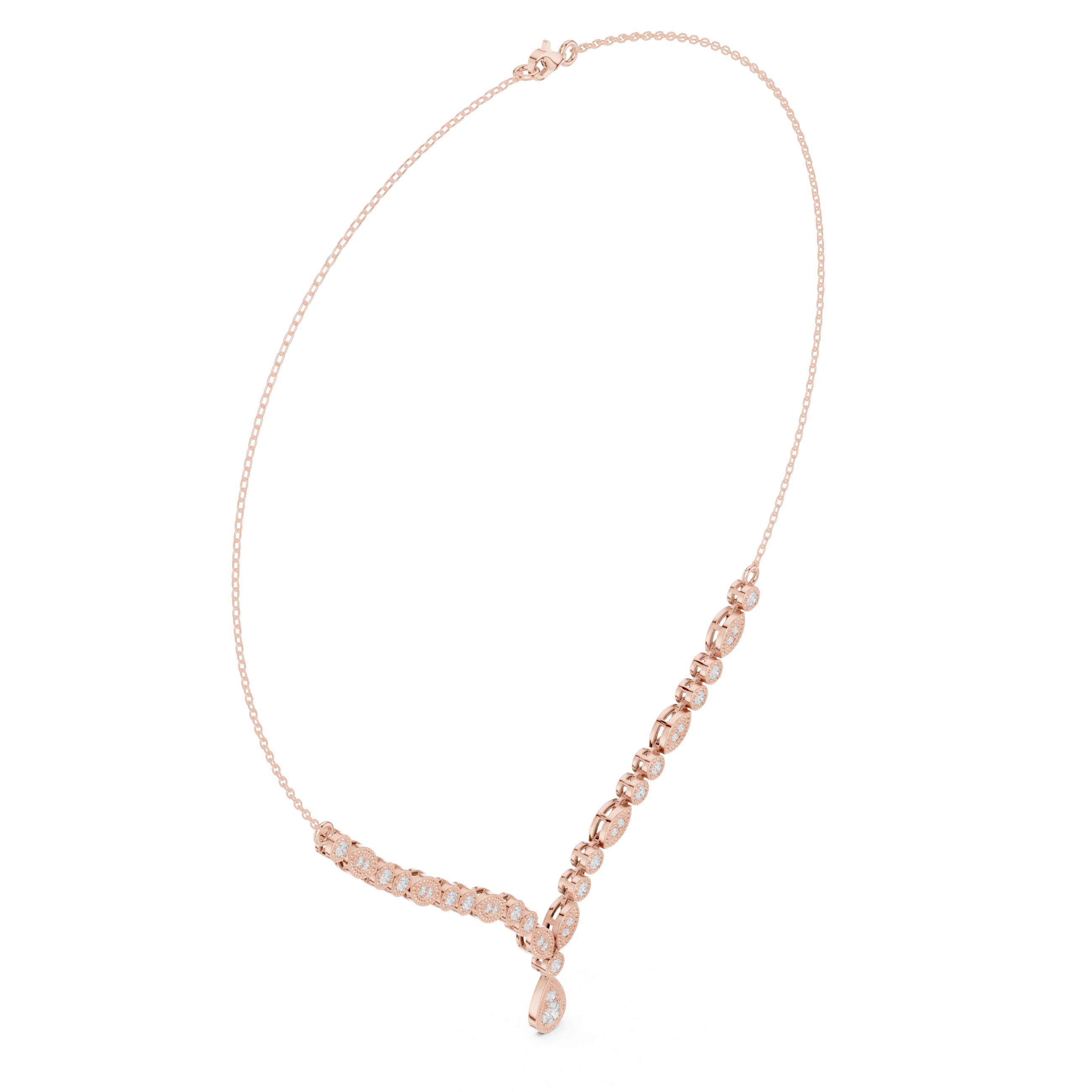 Rose gold diamond drop necklace with round links and teardrop center in V-shape