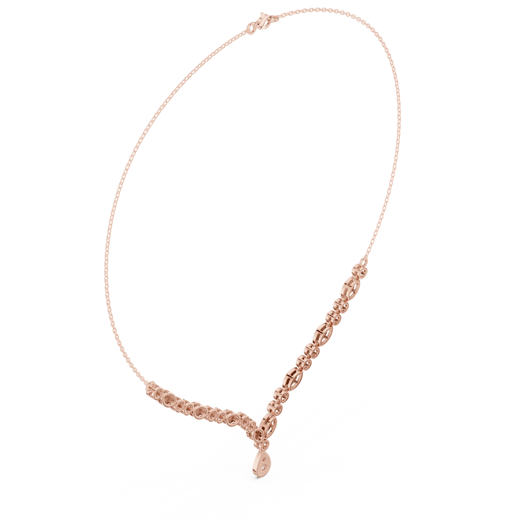 Rose gold diamond drop necklace angled view; round stones lead to teardrop pendant