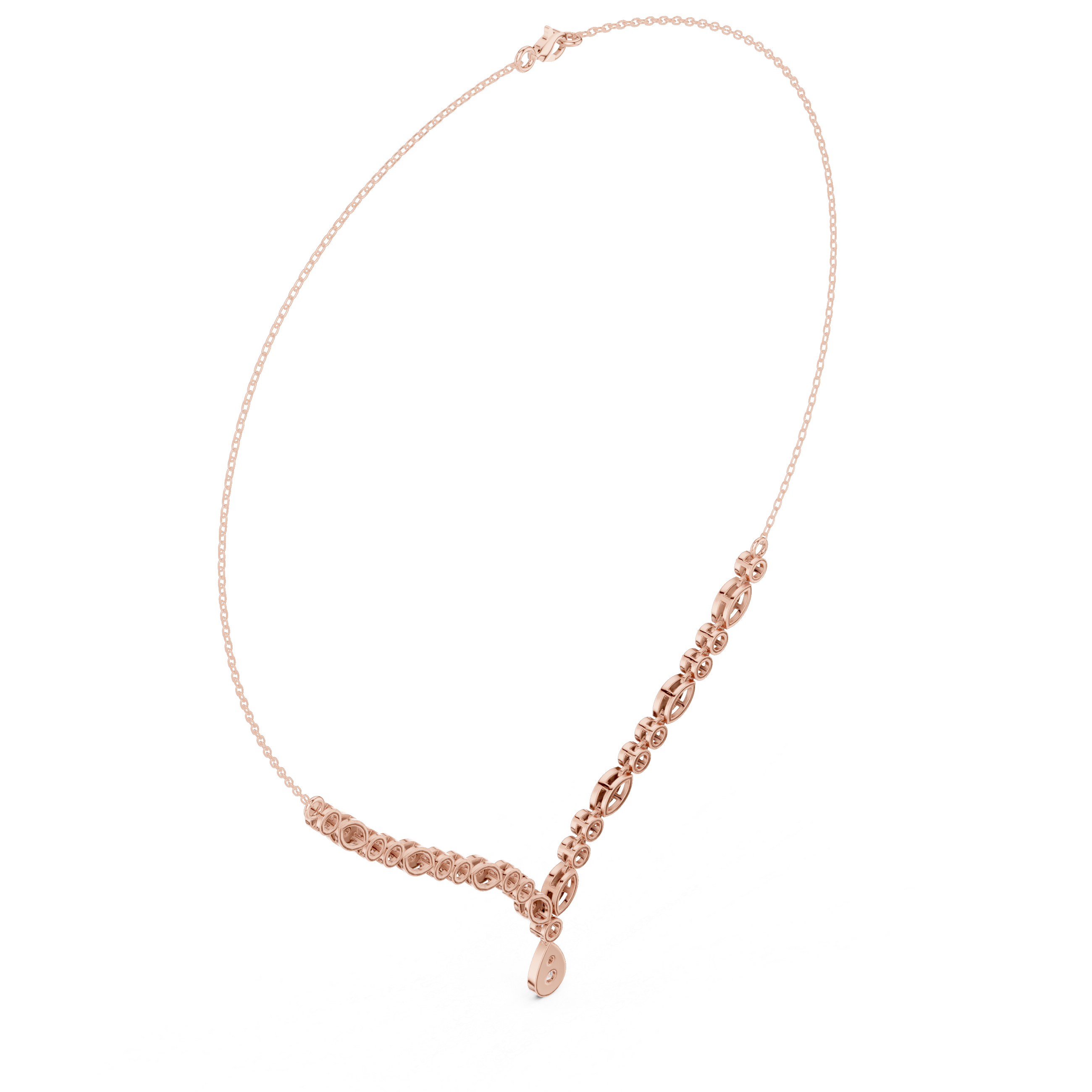 Rose gold diamond drop necklace angled view; round stones lead to teardrop pendant