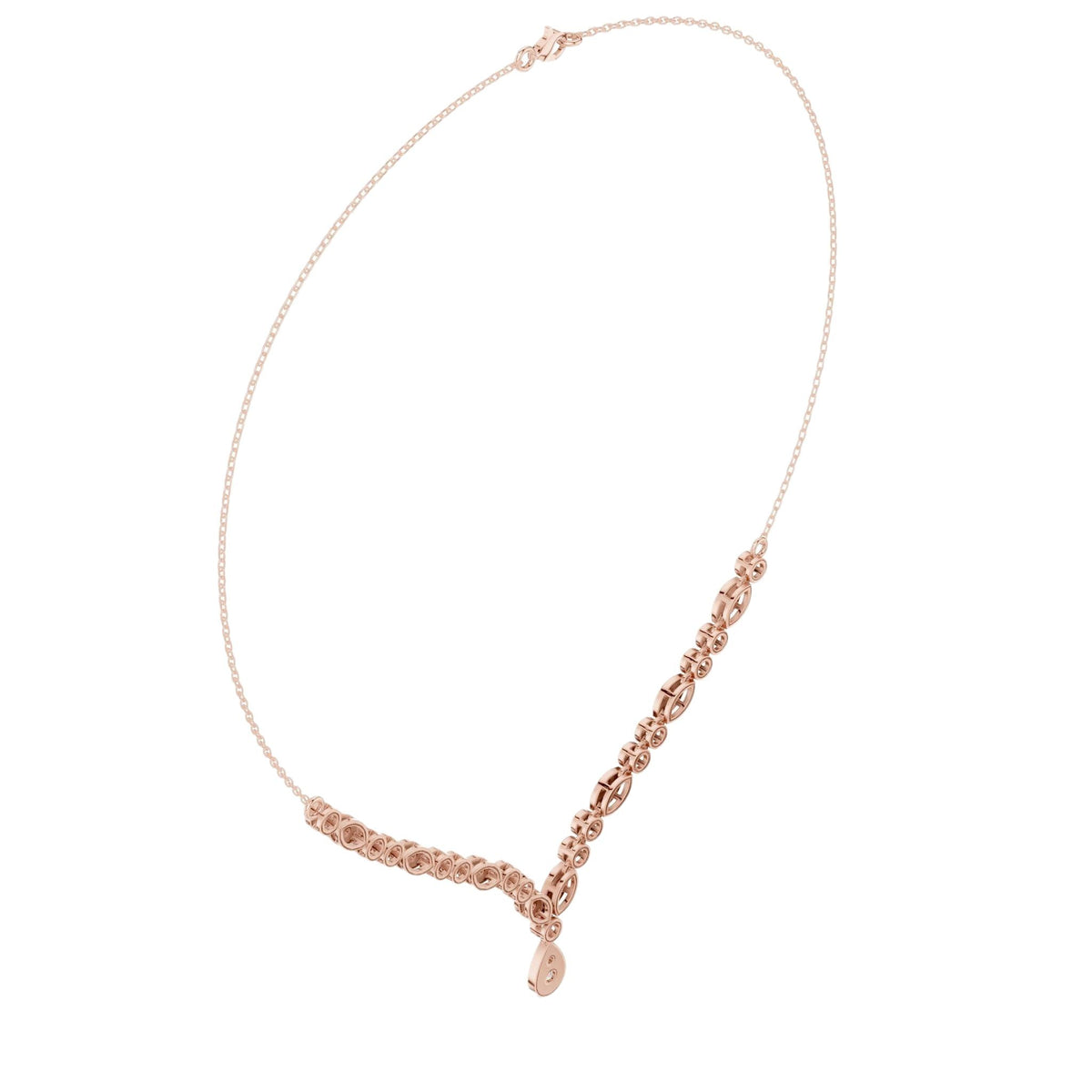 Rose gold diamond drop necklace angled view; round stones lead to teardrop pendant