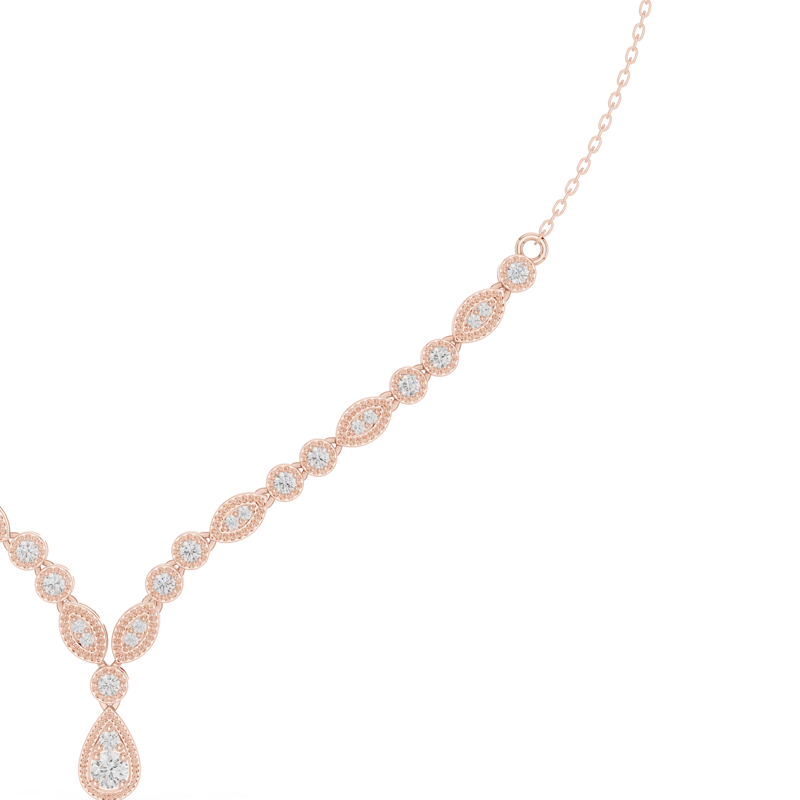 Rose gold V-shape diamond drop necklace close view of round stones and teardrop pendant