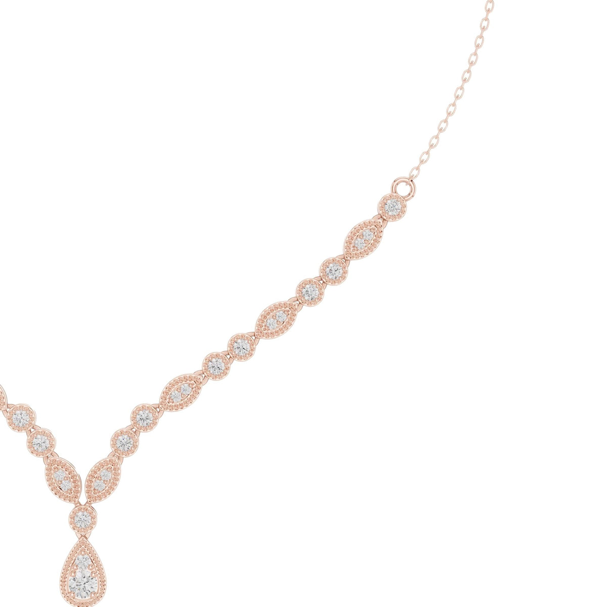Rose gold V-shape diamond drop necklace close view of round stones and teardrop pendant