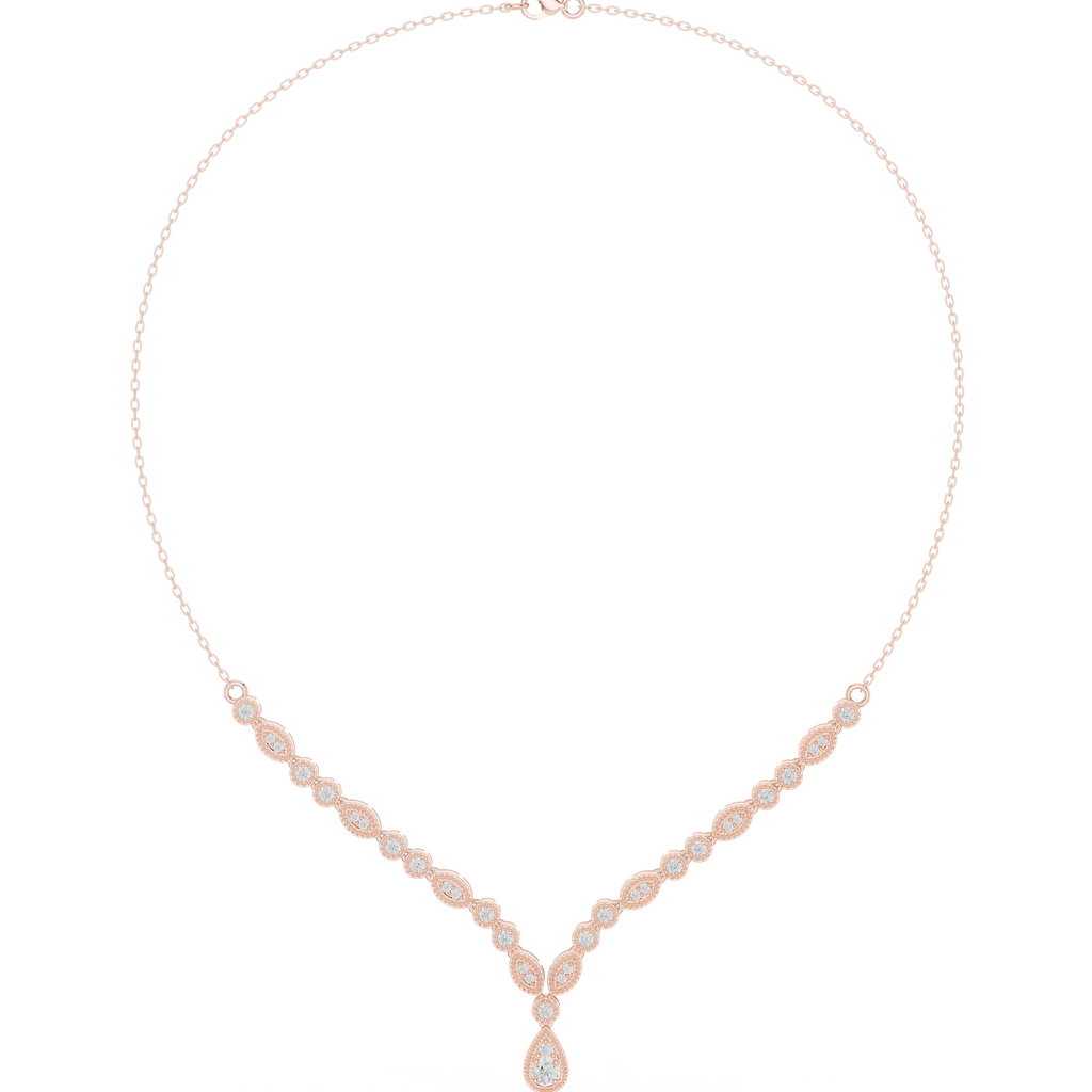 Rose gold V-shape diamond drop necklace with round stations and teardrop pendant