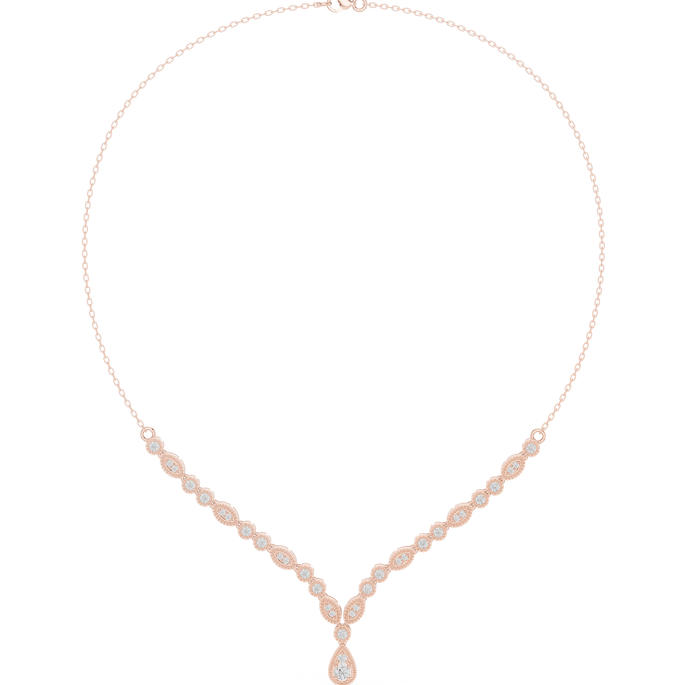 Rose gold V-shape diamond drop necklace with round stations and teardrop pendant