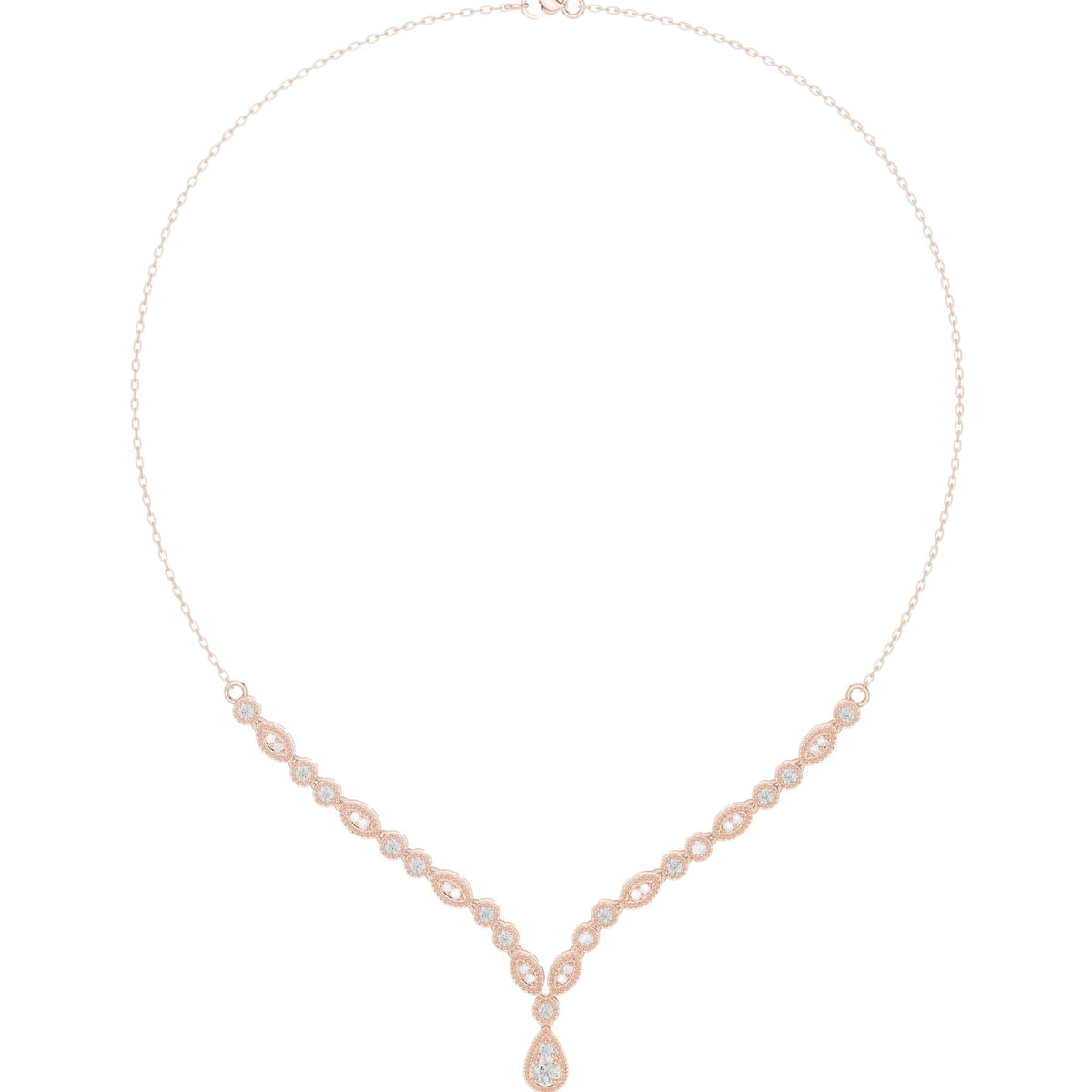 Rose gold V-shape diamond drop necklace with round stations and teardrop pendant