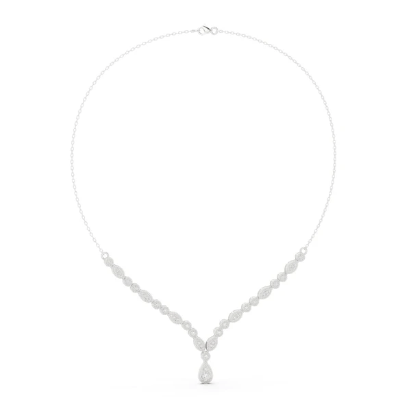 White gold V-shape diamond drop necklace with round stones and teardrop center