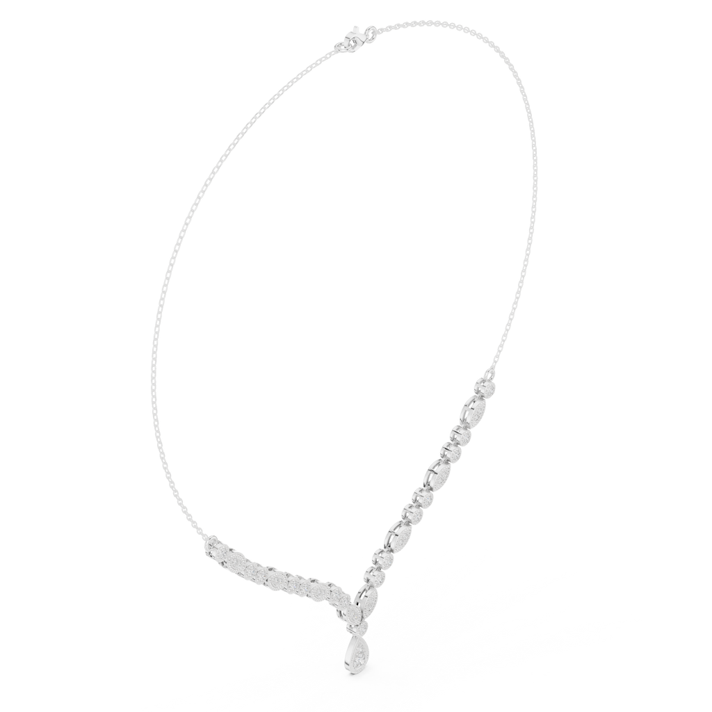 White gold V-shape diamond drop necklace angled view with round stones and teardrop pendant