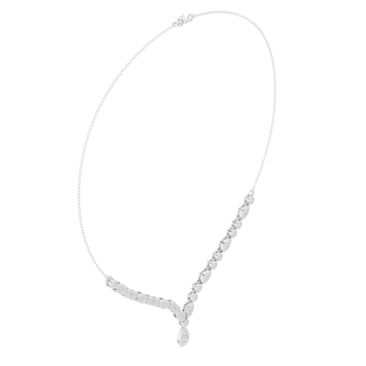 White gold V-shape diamond drop necklace angled view with round stones and teardrop pendant