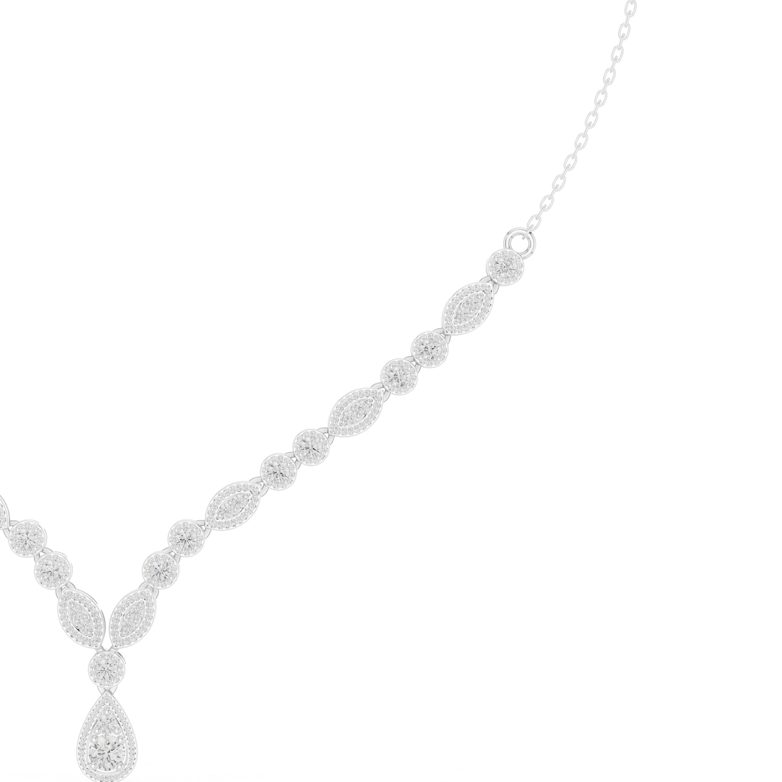 V-shape round diamond drop necklace with small oval stations and pear drop at center