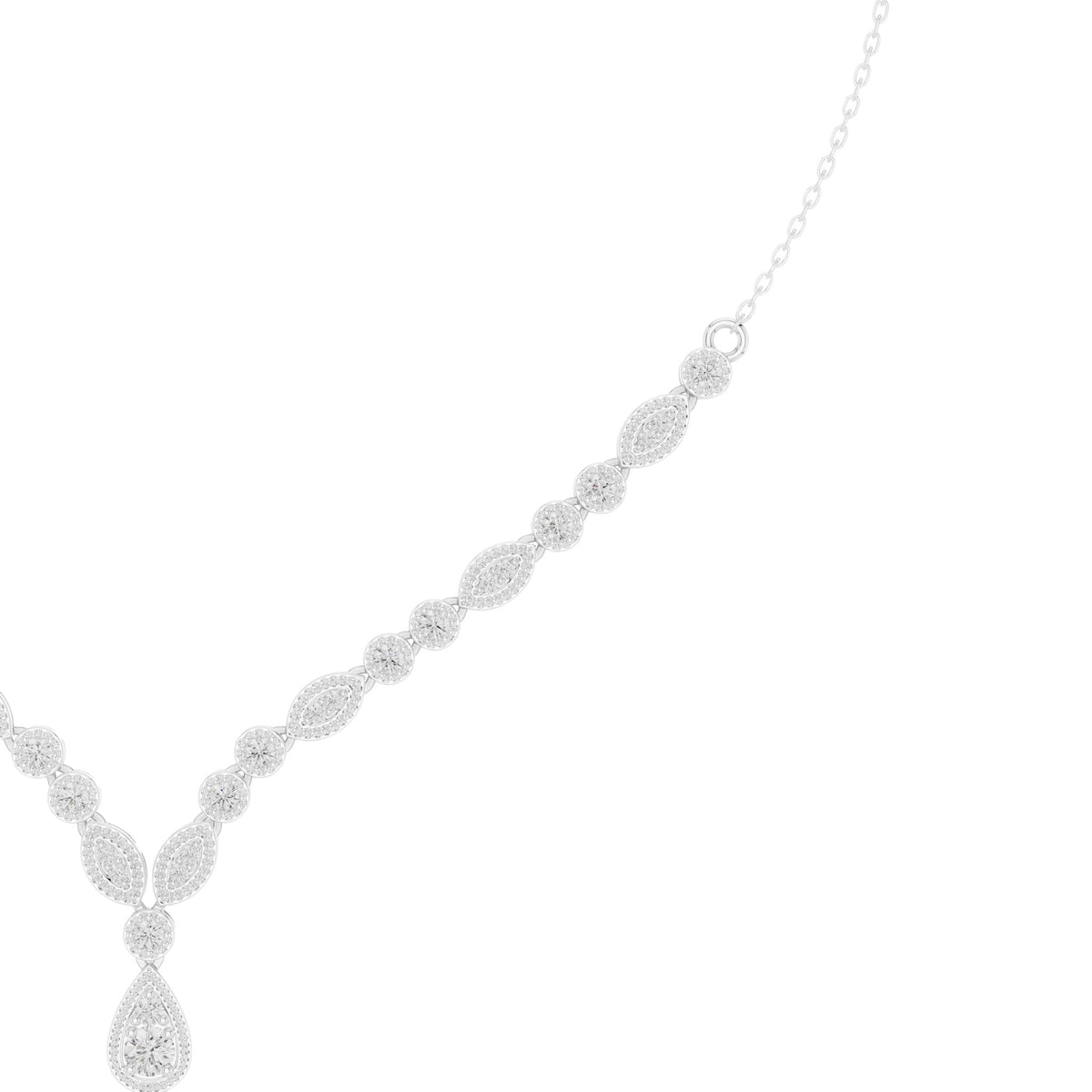 V-shape round diamond drop necklace with small oval stations and pear drop at center