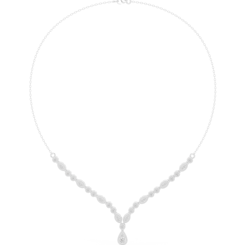 White gold V-shape diamond drop necklace with round stations and teardrop pendant
