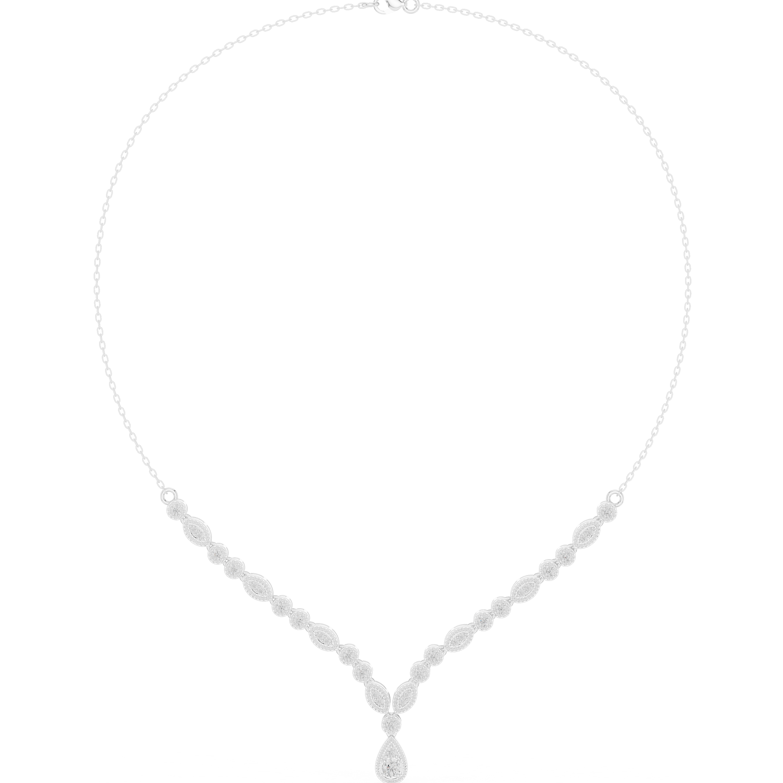 White gold V-shape diamond drop necklace with round stations and teardrop pendant
