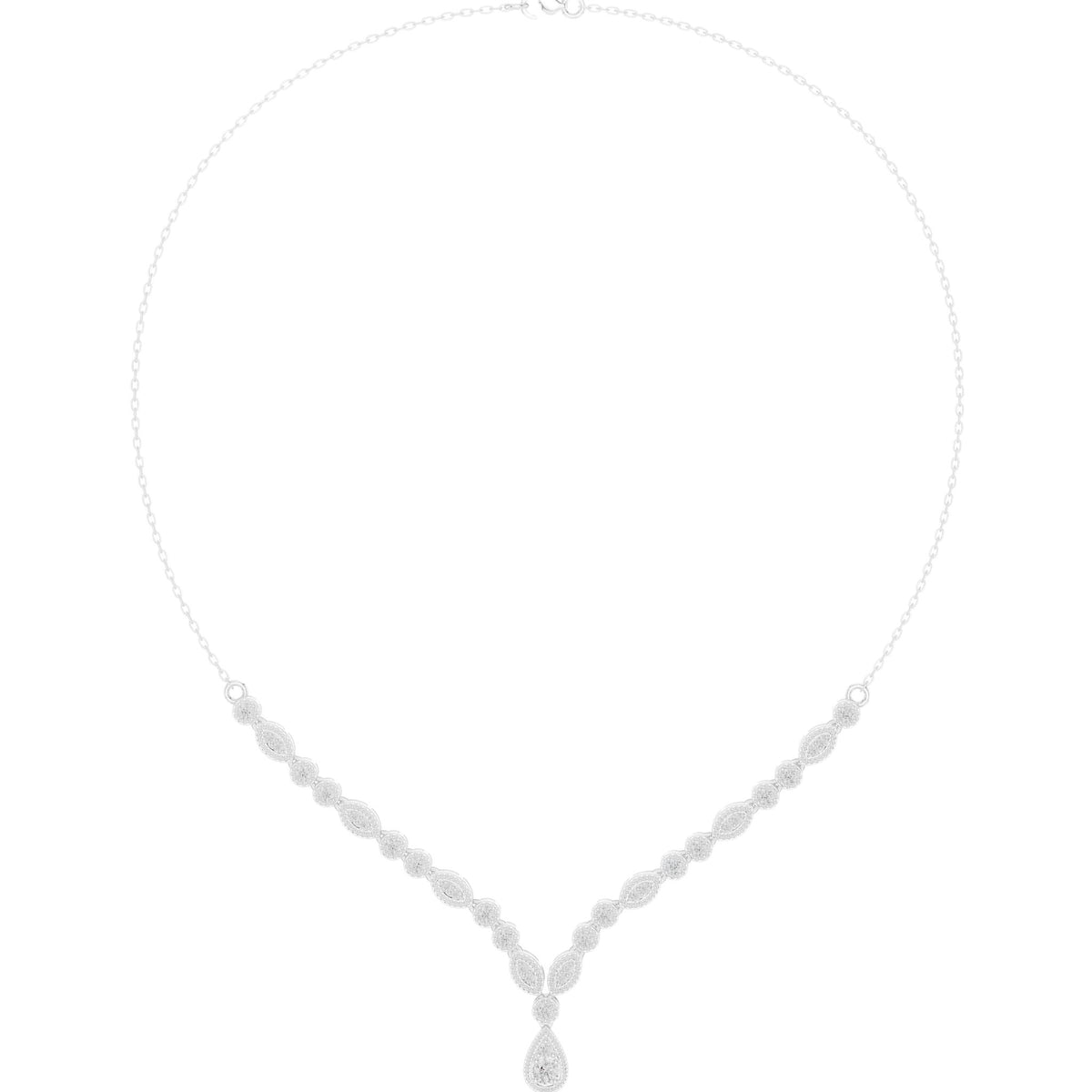 White gold V-shape diamond drop necklace with round stations and teardrop pendant