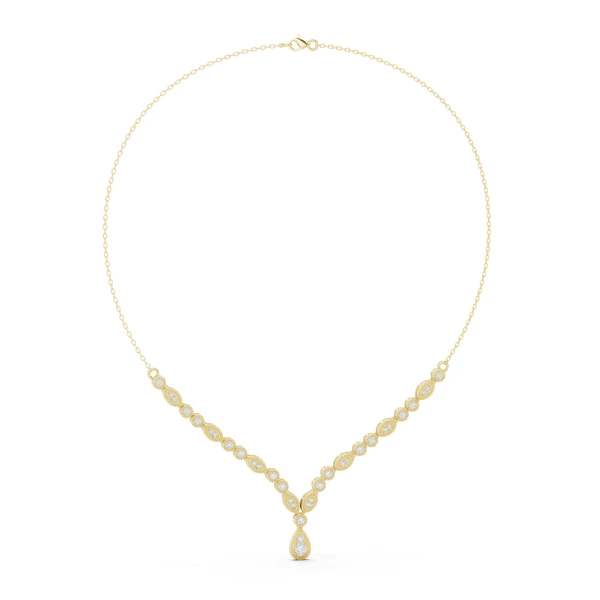 Yellow gold V-shape diamond drop necklace with round stones and teardrop center