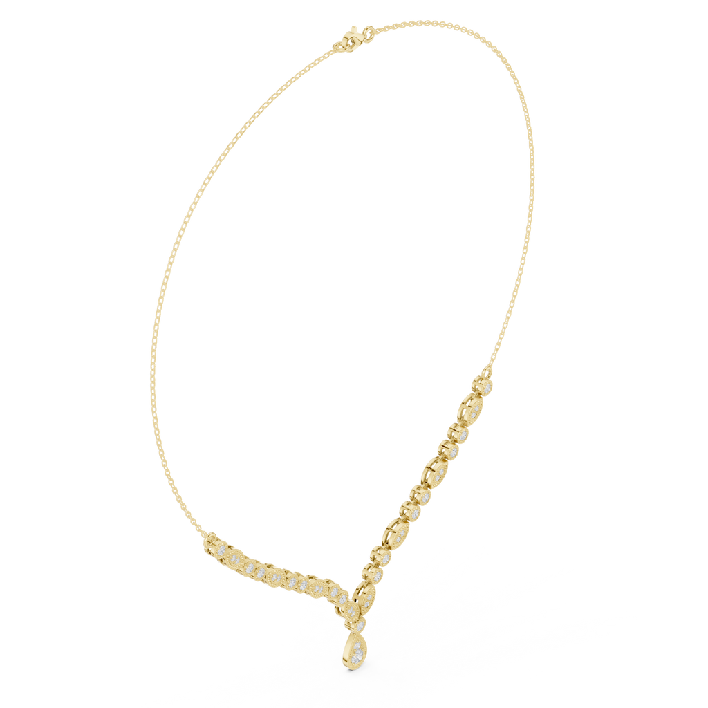 V-shape round diamond drop necklace in yellow metal with pear center drop and bezel-set rounds