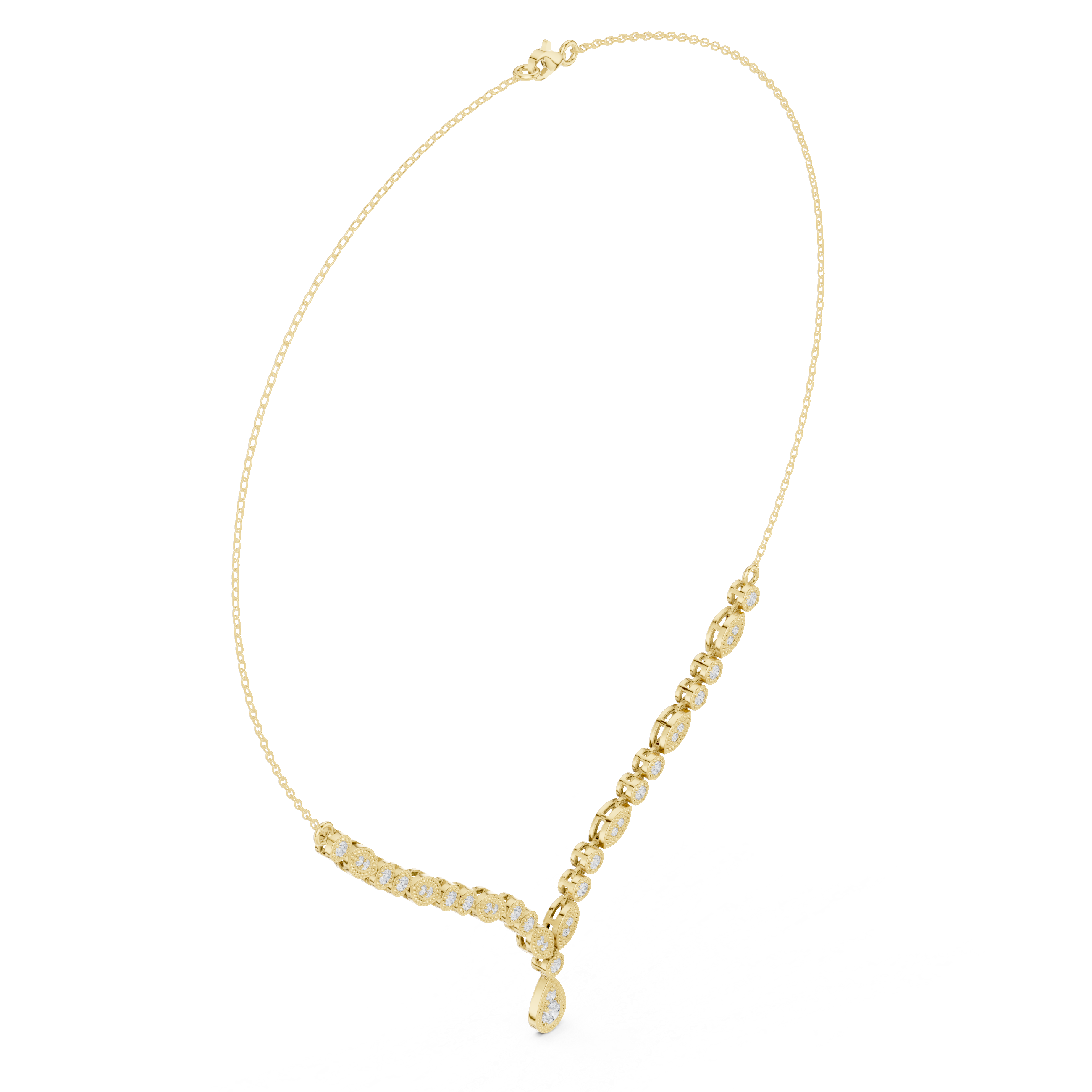 V-shape round diamond drop necklace in yellow metal with pear center drop and bezel-set rounds