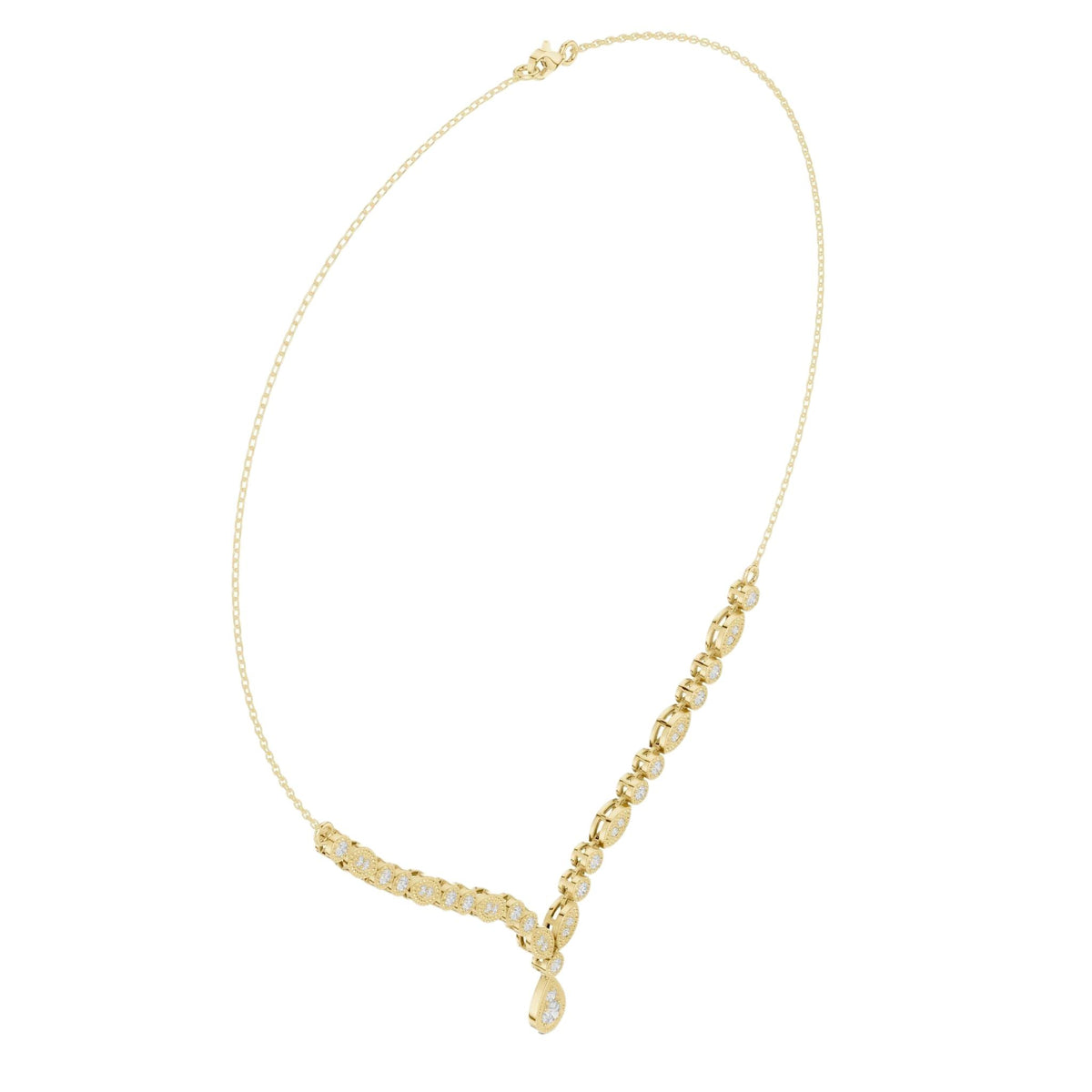 V-shaped round diamond drop necklace, yellow gold chain with teardrop center charm