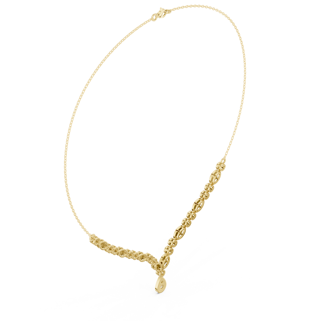 V-shape round diamond drop necklace in yellow metal with pear-shaped center drop