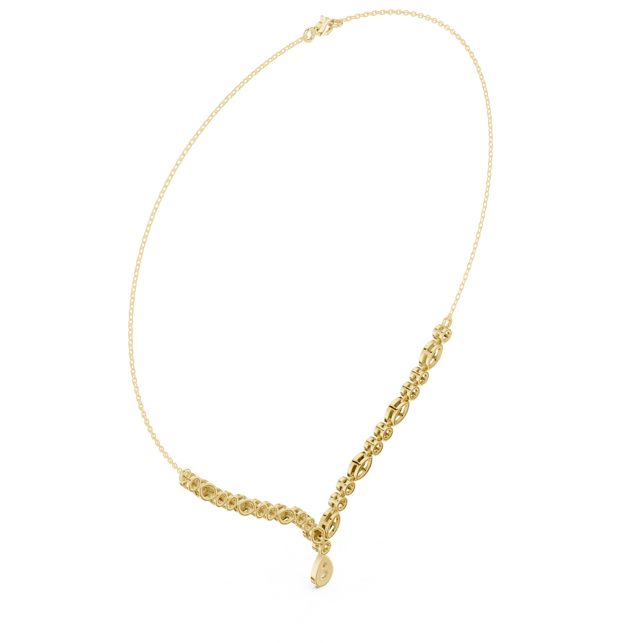 V-shape round diamond drop necklace in yellow metal with pear-shaped center drop