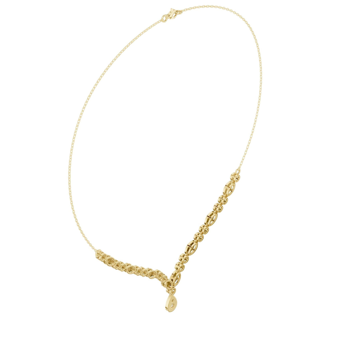 V-shaped round diamond drop necklace, yellow gold with round diamond station links