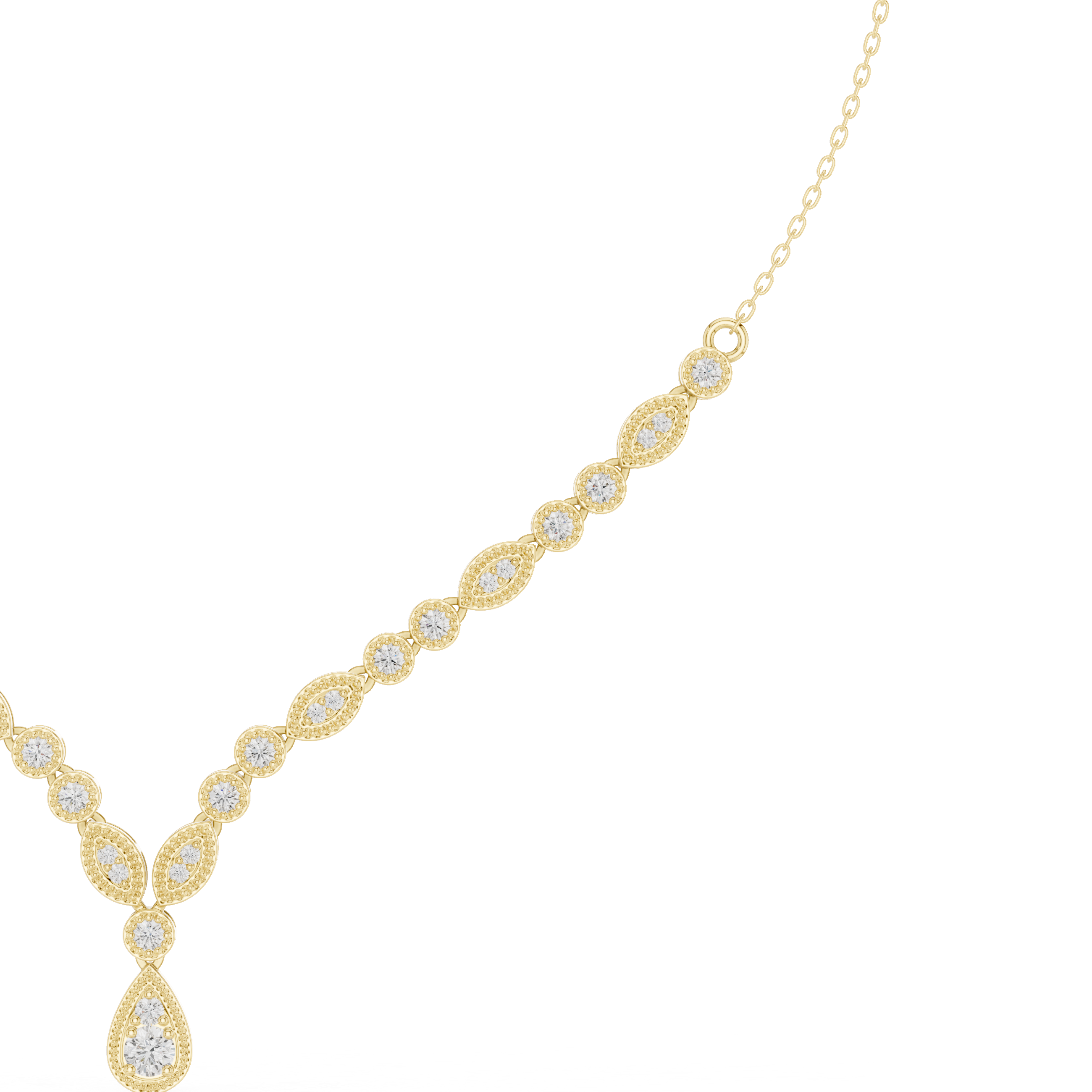 V-shape round diamond drop necklace in yellow metal with bezel-set round stations and pear pendant