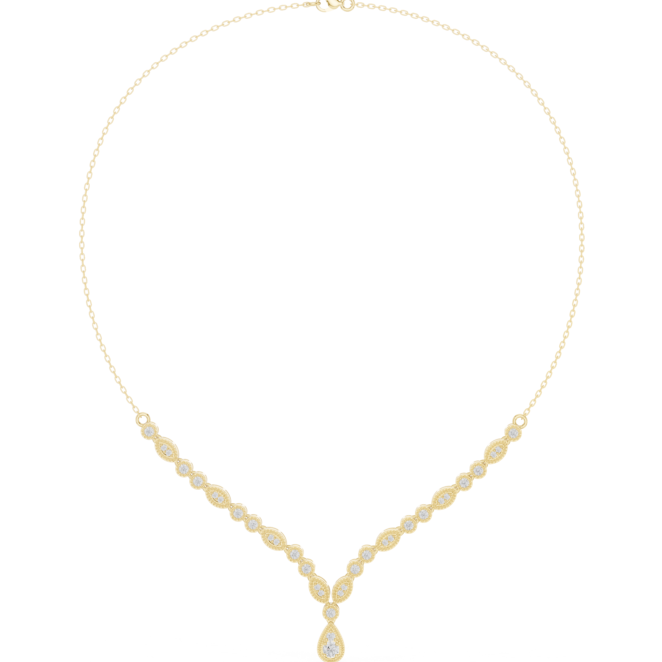 V-shaped round diamond drop necklace, yellow gold with teardrop center drop and stations