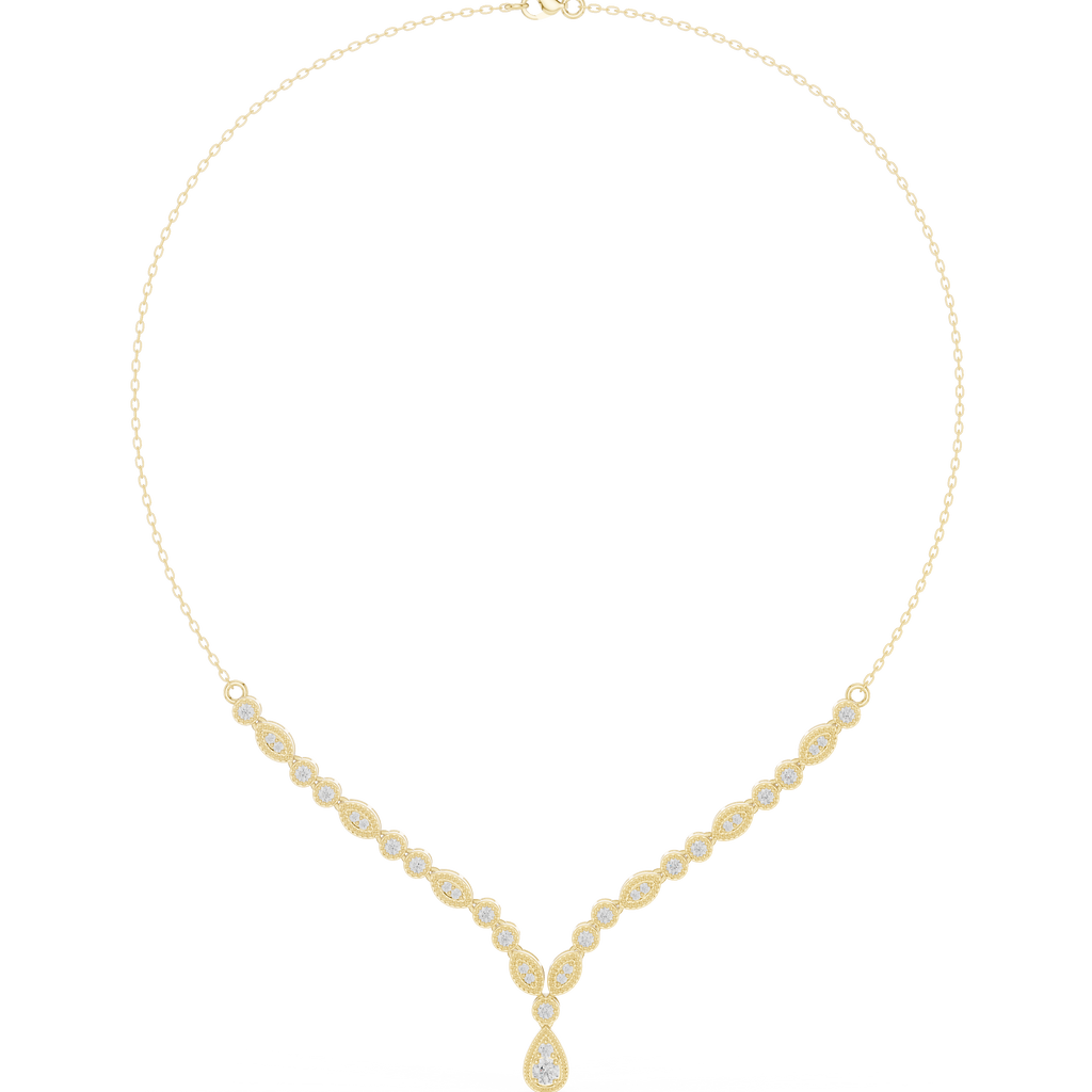 V-shape round diamond drop necklace in yellow metal with central pear-shaped pendant