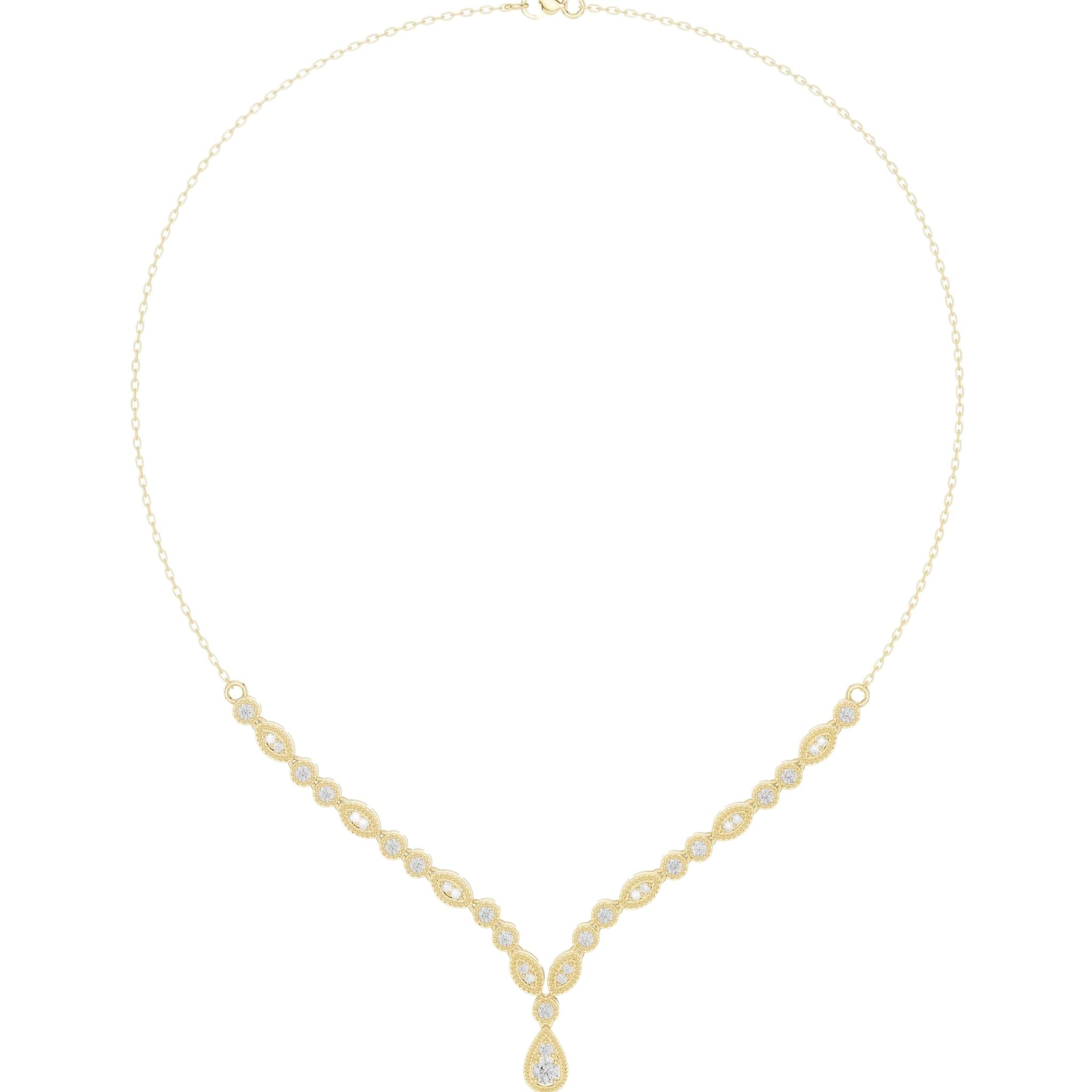 V-shaped round diamond drop necklace, yellow gold with teardrop center drop and stations