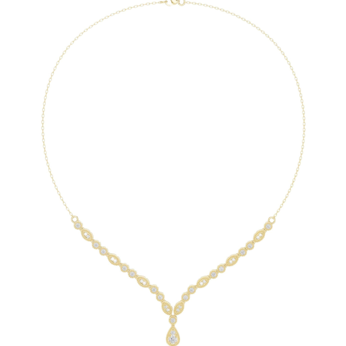 V-shaped round diamond drop necklace, yellow gold with teardrop center drop and stations