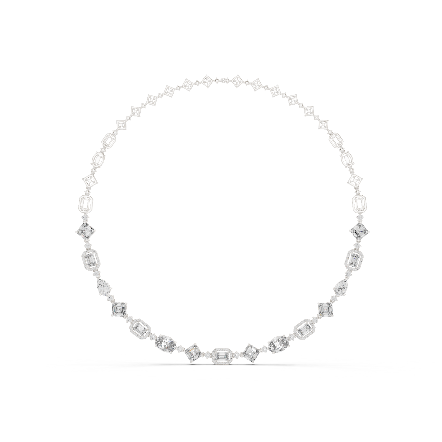 White gold diamond statement necklace with oval and baguette-cut stones